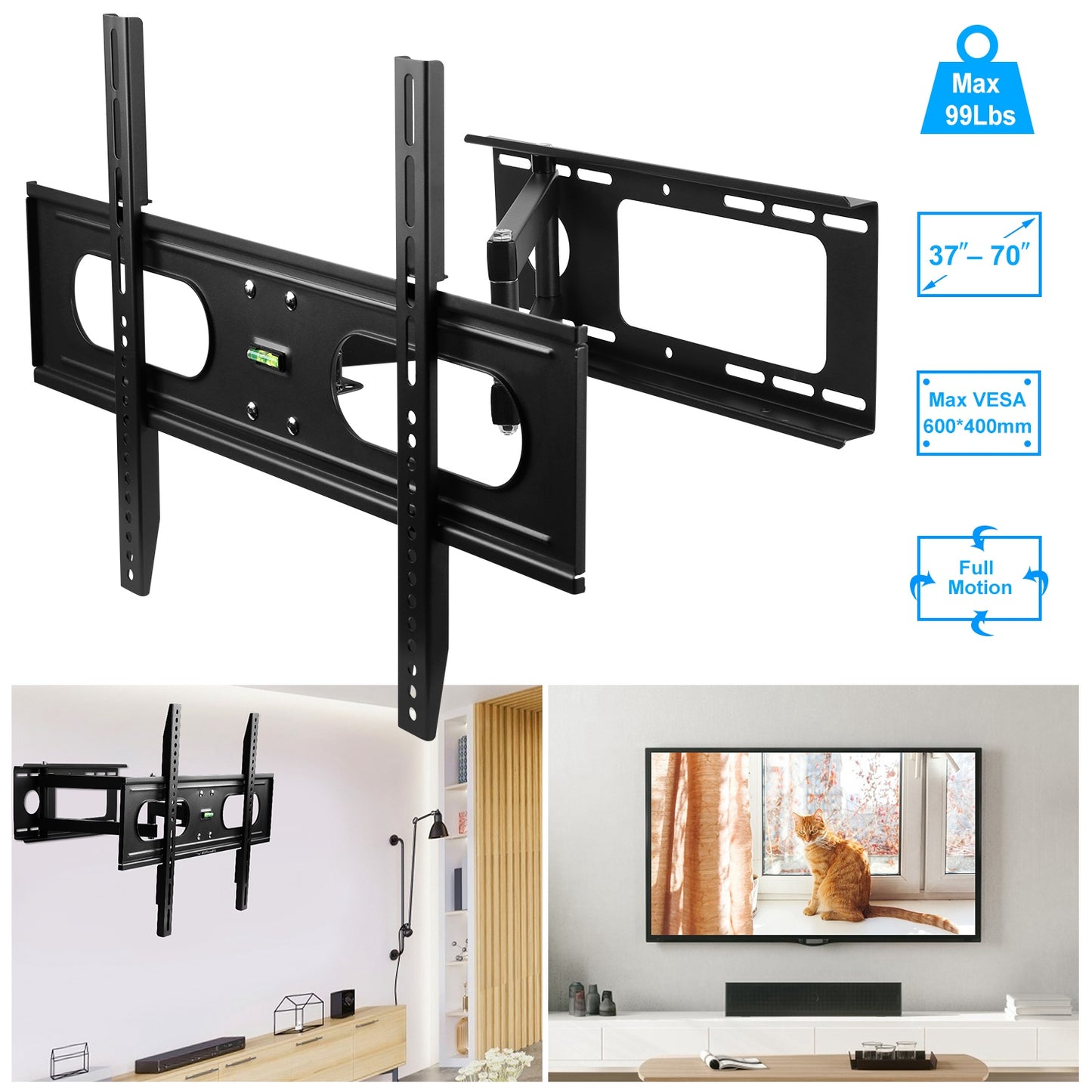 Full Motion TV Wall Mount Swivel Tilt TV Wall Rack Support 37-70Ó TV Wall Mount Max VESA Up To 600x400mm Holds Up To 99LBS
