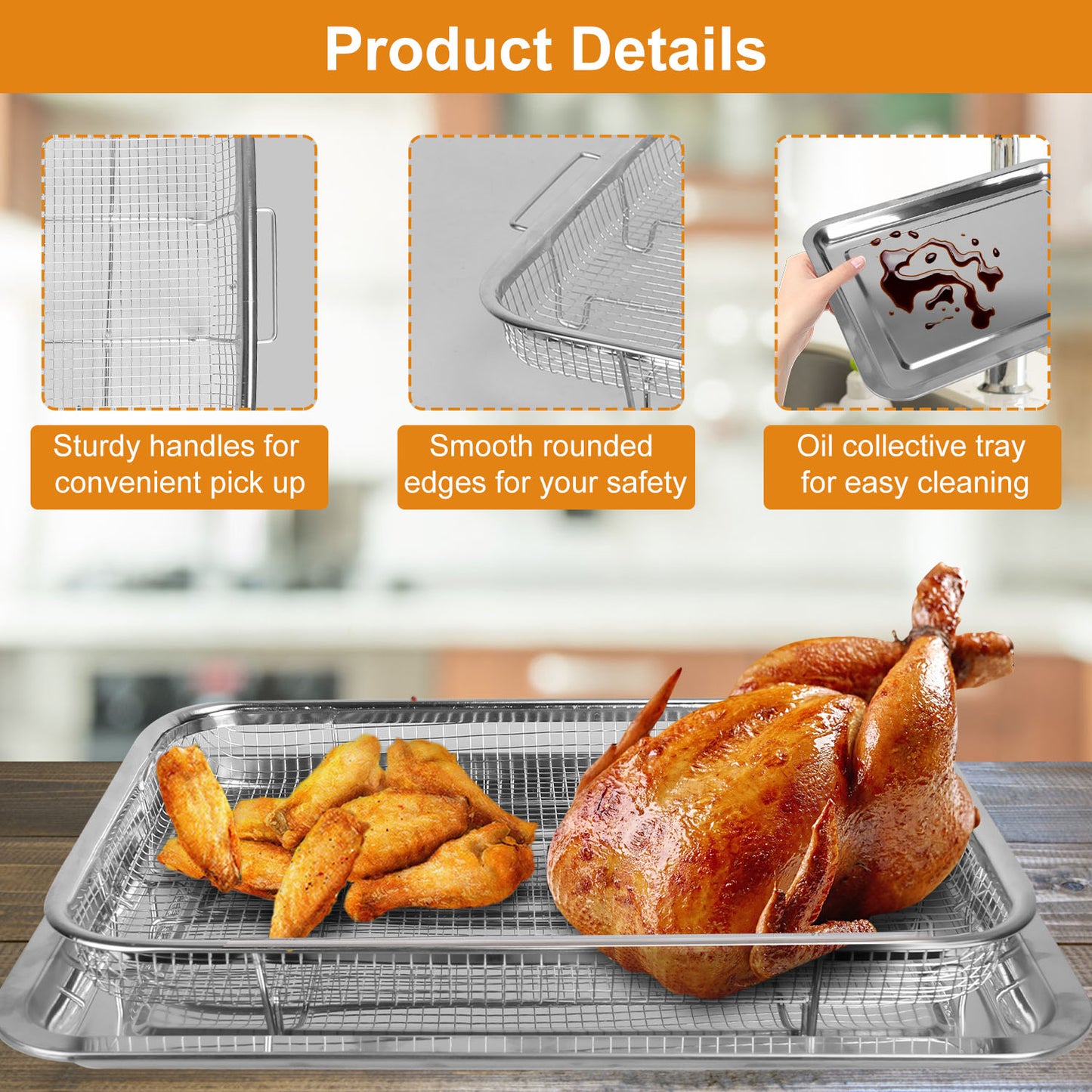 2Pcs Air Fryer Basket Tray 15.35x11.61in Stainless Steel Rustproof Non-Stick Oven Pan and Tray For Bake Grill Crispy Food Dishwasher Safe