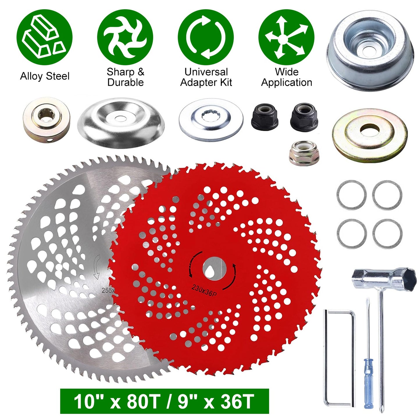 10" x 80T 9" x 36T Carbide Tip Brush Cutter Blades with Universal Adapter Kit Alloy Steel Blades Compatible with Brush Cutter Trimmer Weed Eater