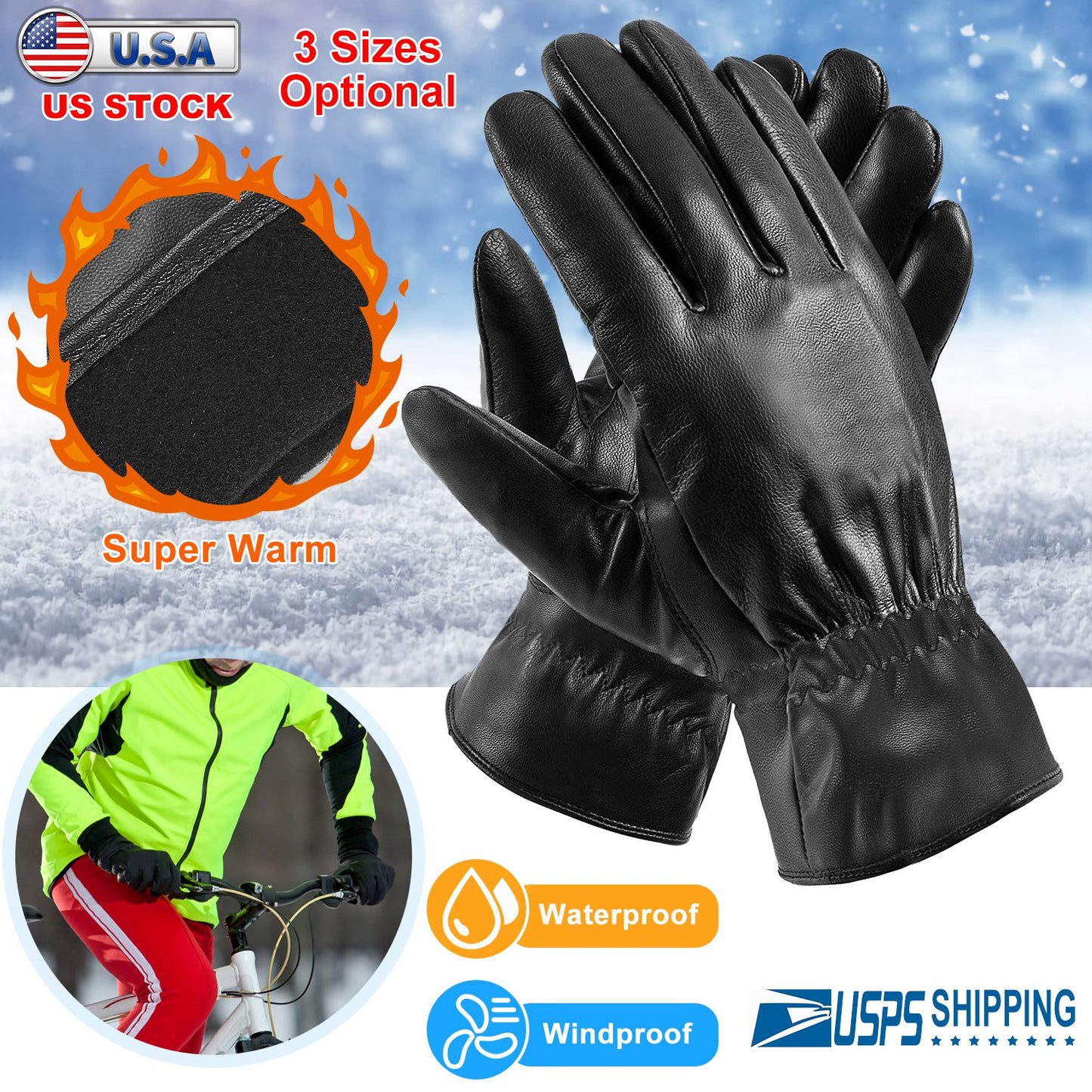 Unisex Leather Winter Warm Gloves Outdoor Windproof Soft Gloves Cycling Skiing Running Cold Winter Gloves