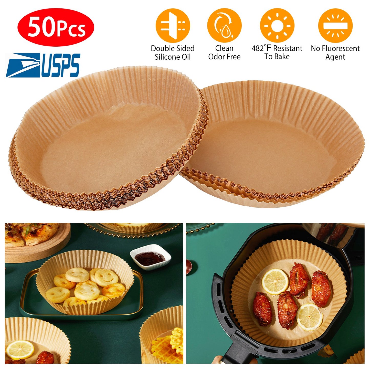 50Pcs Disposable Air Fryer Paper Liner Waterproof Non-Stick Oil-proof Parchment Paper Cooking Baking Paper 6.29in