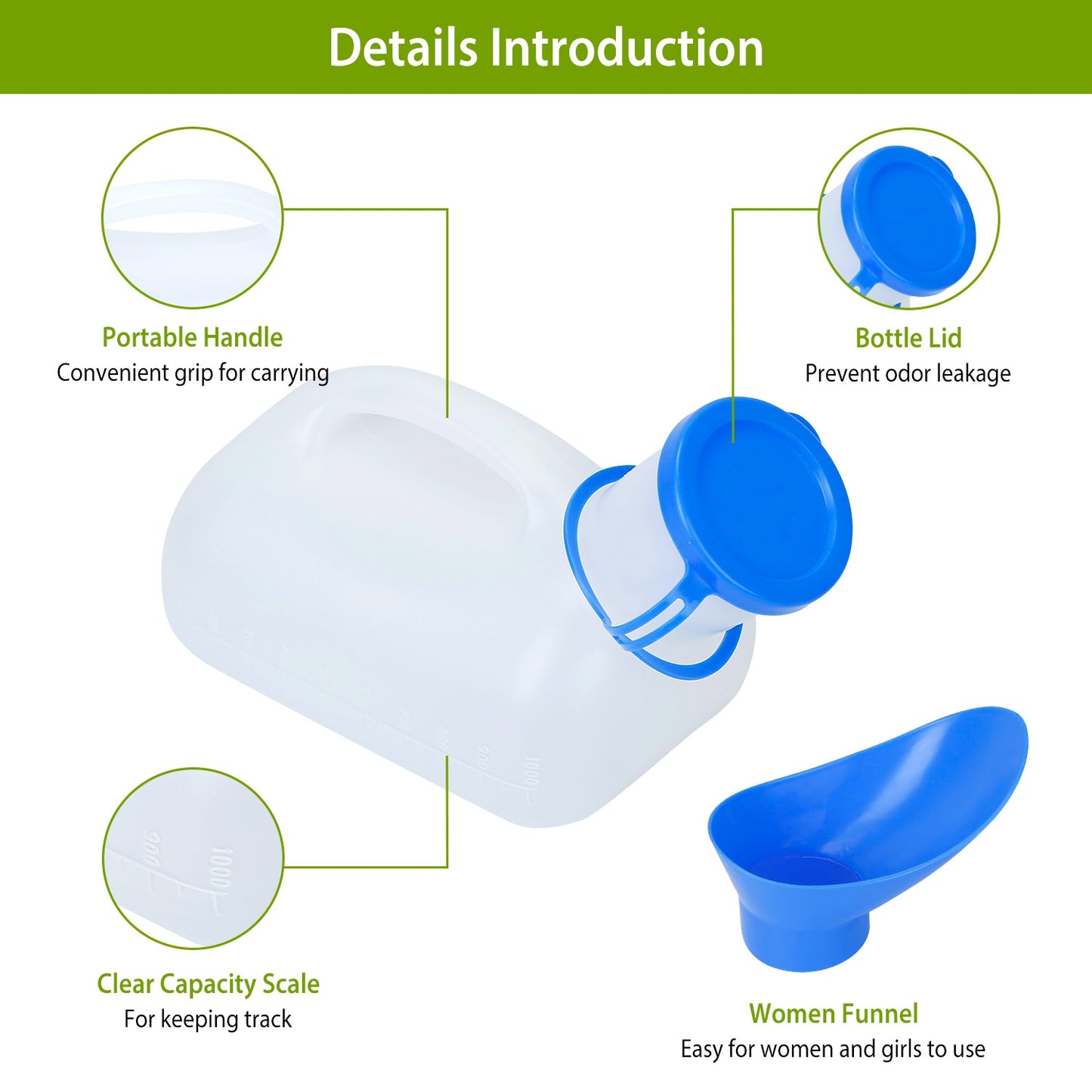 Unisex Potty UrinalÊBottle 1000ML/33.8OZ Adult EmergencyÊUrinal Device Portable Male Female Toilet w/ Lid Funnel For Car Camping Travel Hospital Outdo