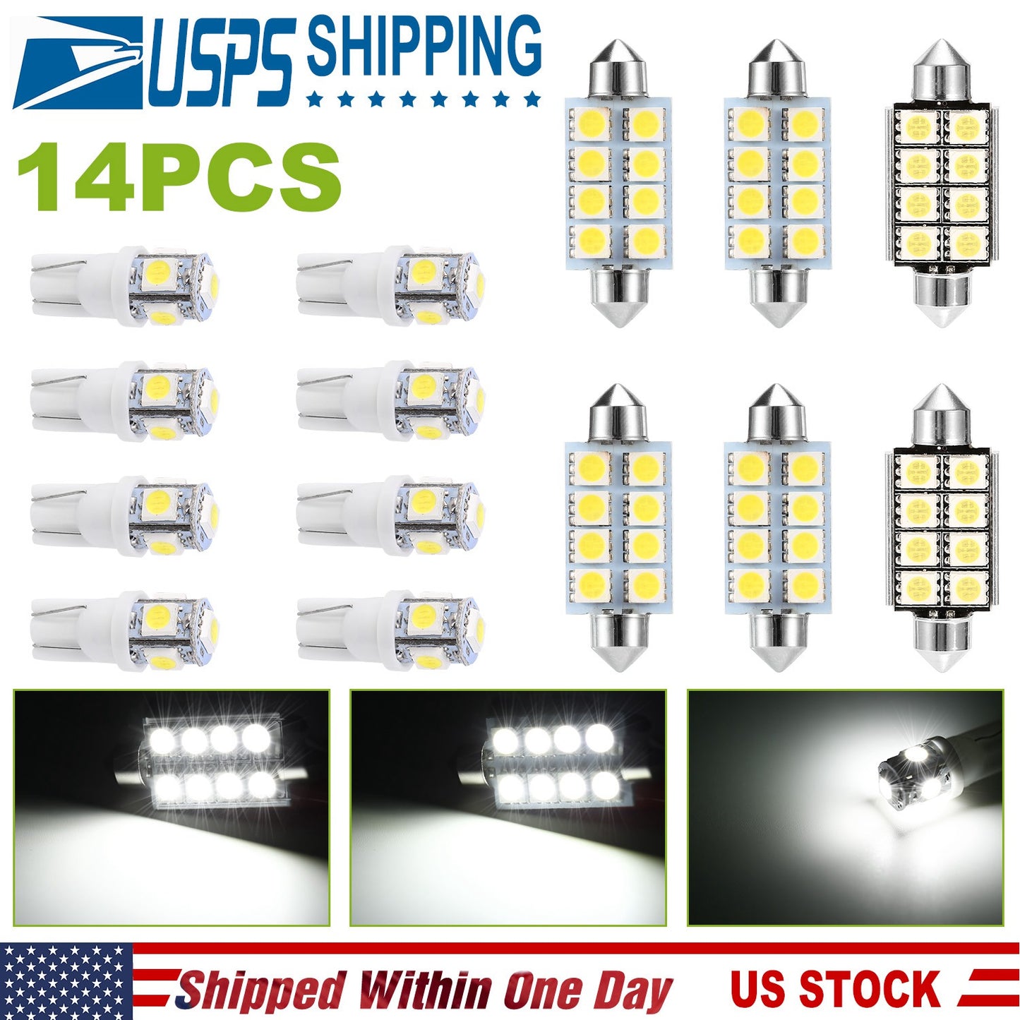 14Pcs T10 41mm Festoon LED Light Bulb Interior Dome Map LED Lights License Plate Trunk Side Positioning Lights 6000K White