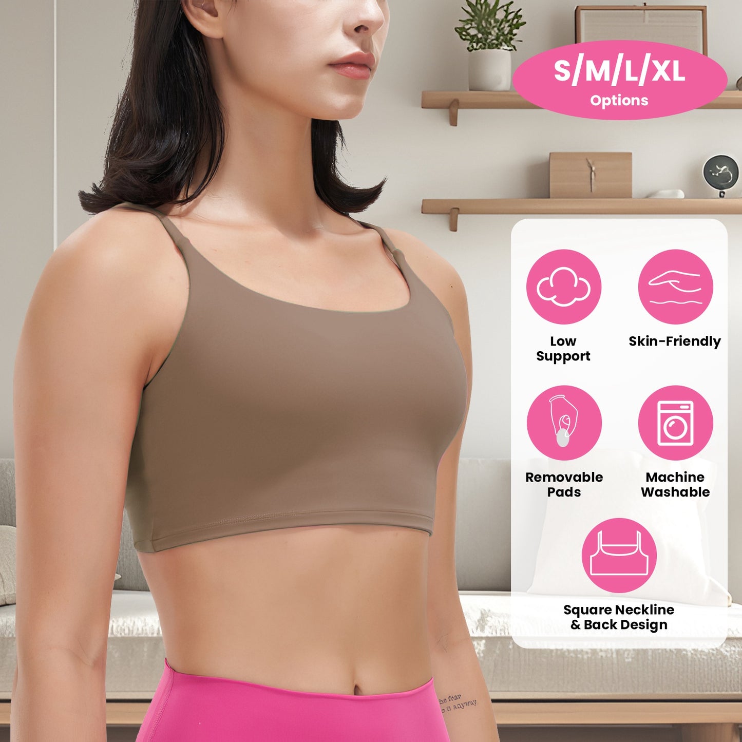 Women Strap Sport Bras Padded StrappyÊCrop Square Neck Low Impact Bras SexyÊFitnessÊTank Tops with Removable Pads Flat Straps for Gym Yoga Workout Run