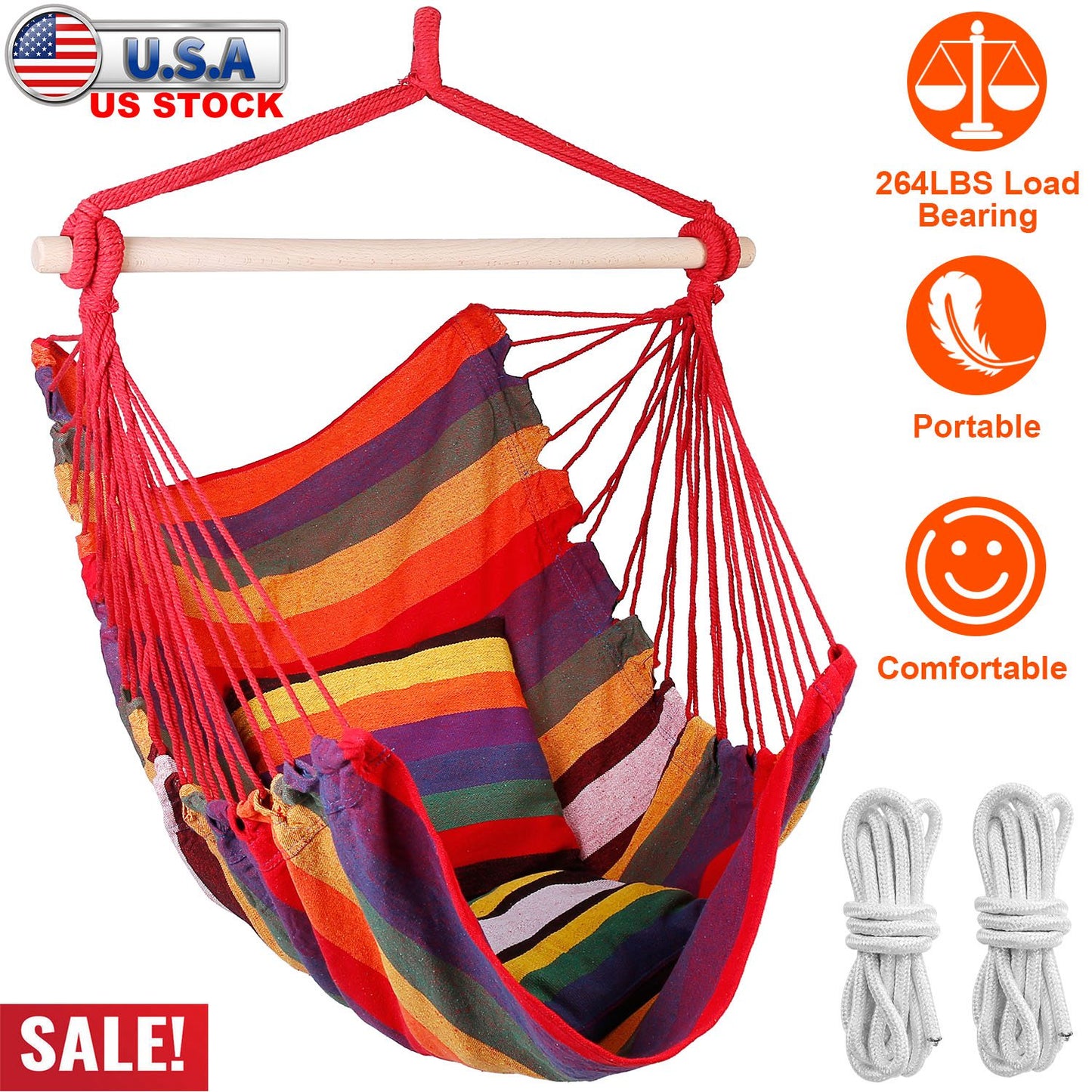 Hammock Hanging Chair Canvas Porch Patio Swing Seat Portable Camping Rope Seat Wooden Stick Hammock Chair with 2 Pillows 265LBS Load-bearing