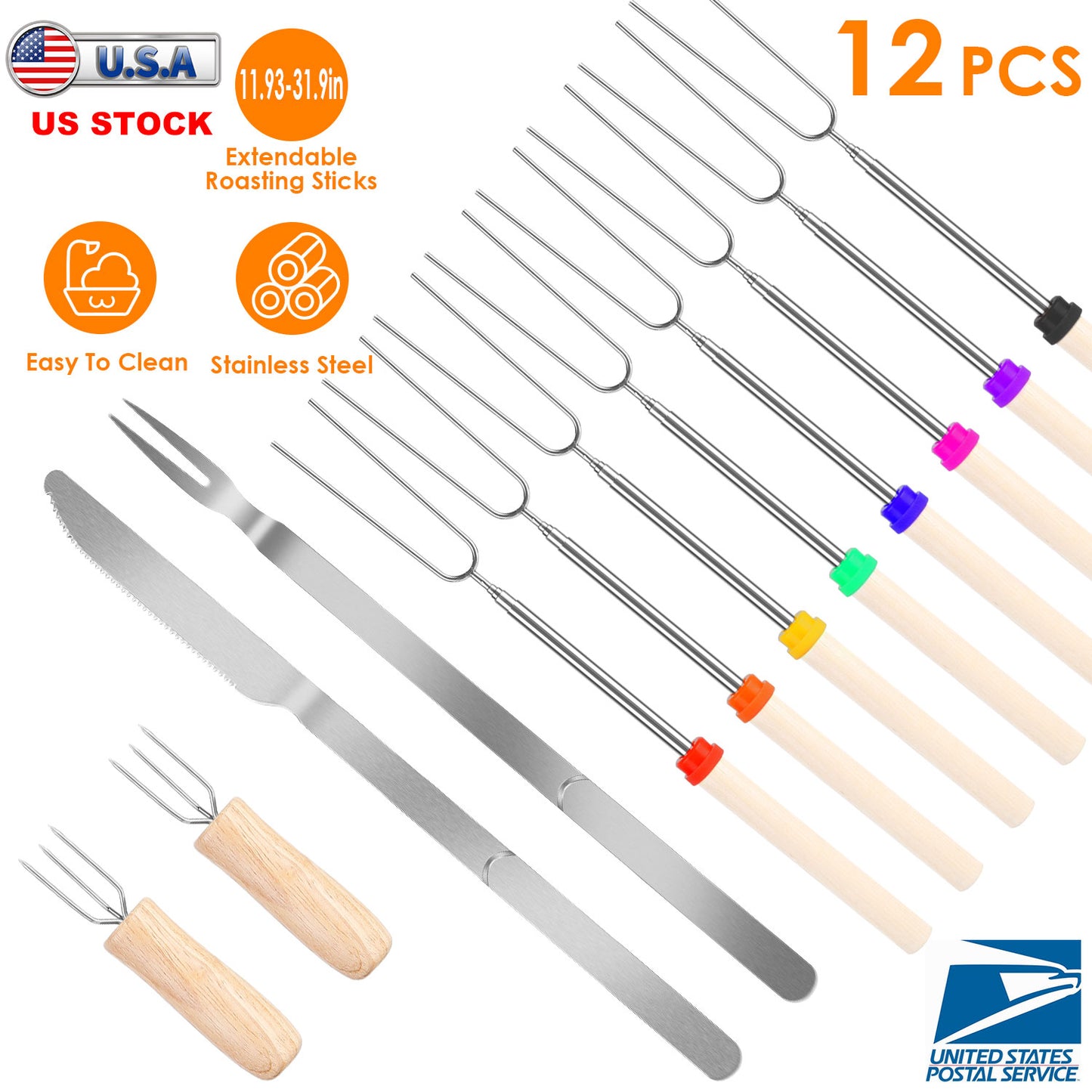Stainless Steel Roasting Sticks Set 31.9in Extendable Telescoping Marshmallow Hot Dog Fork Skewers Set w/ Corn Needles Fork Knife For BBQ Fire Pit Cam