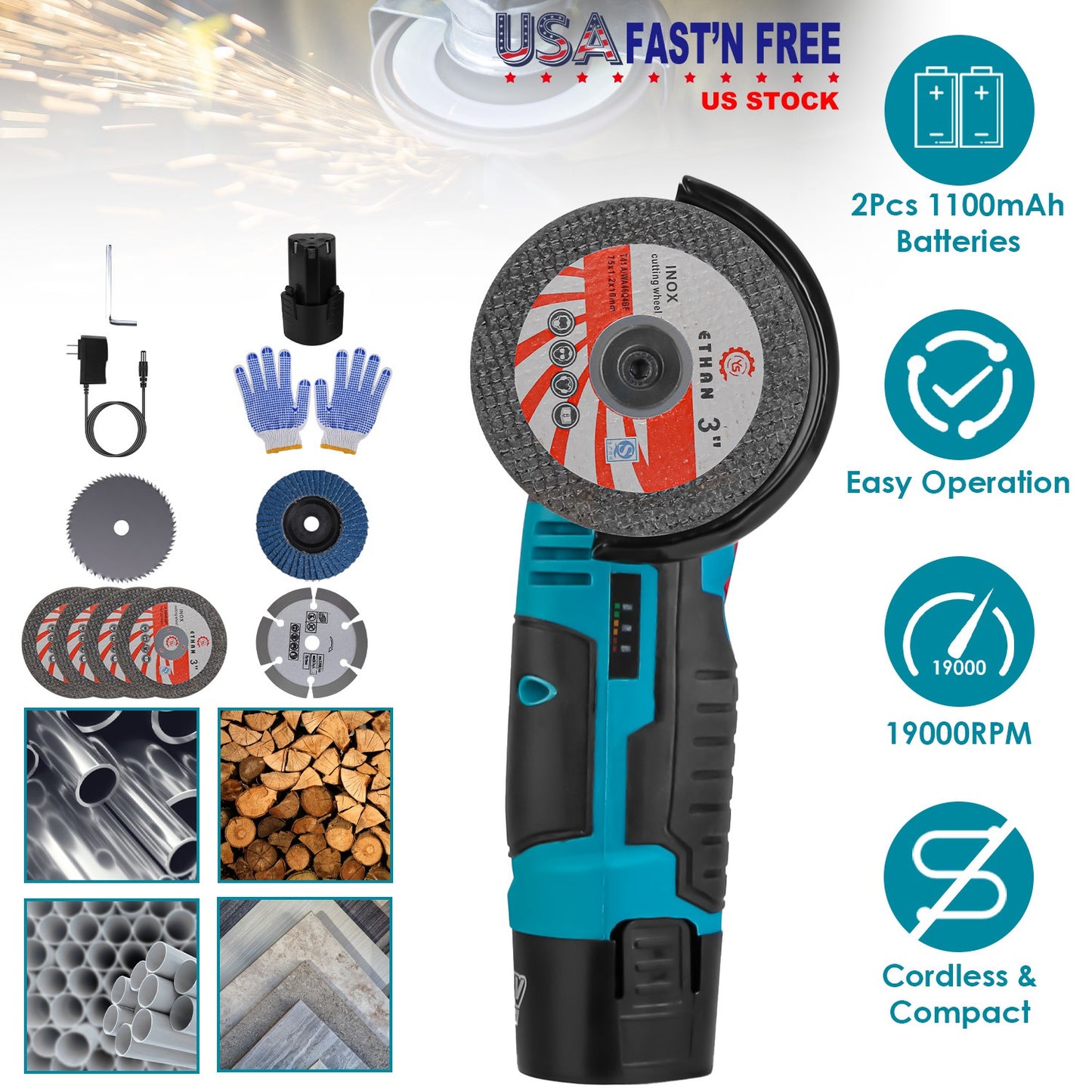 12V Cordless Mini Angle Grinder Hand Polishing Grinding Machine Cordless Cutter Grinding Tool with 7Pcs Disc 2Pcs 1100mAh Batteries and Charger Hex Ke