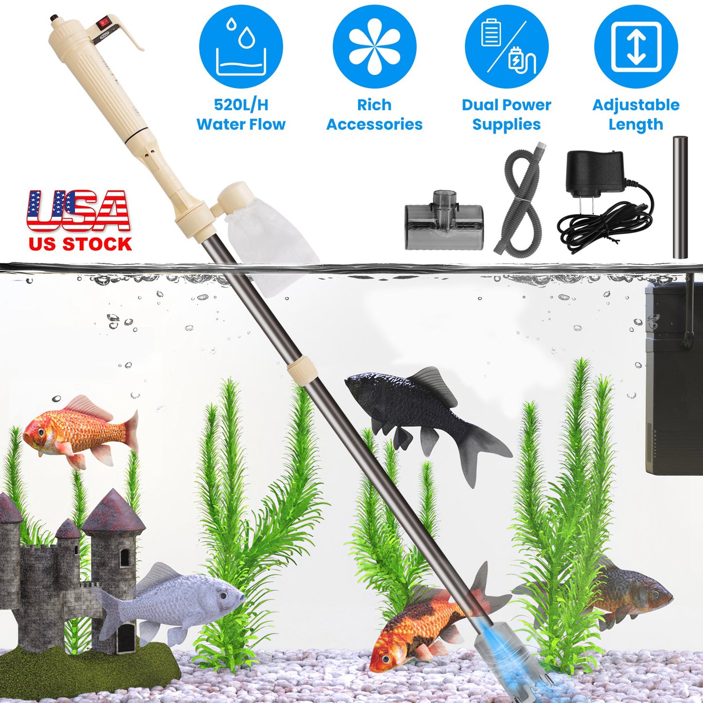 Multifunctional Electric Aquarium Gravel Cleaner Kit Length Adjustable Automatic Fish Tank Vacuum Cleaner Change Water Wash Sand Filter Dirt Removal