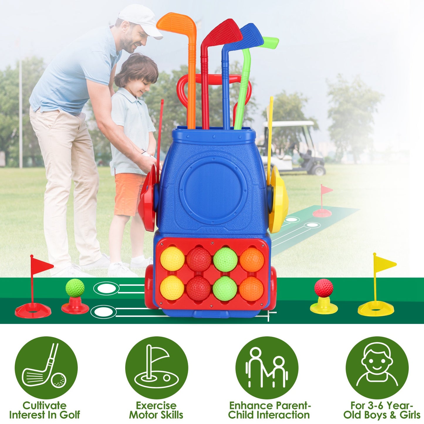 Toddler Golf Clubs Set Kids Golf Kits Toddler Golf Ball Game Play Set Golf Game with 4 Golf Sticks 8 Golf Balls 2 Golf Holes 1 Golf Mat for 3-6 Year O