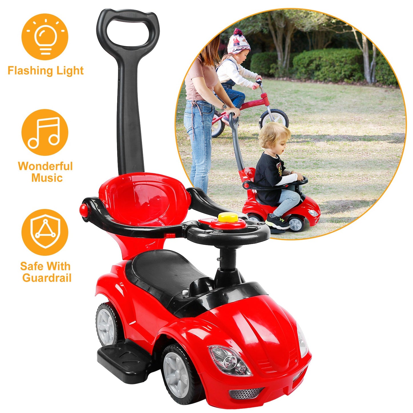 Ride on Push Car 4-Wheel Children Sliding Push Car W/ Colorful Flashing Light Music Handrail Guardrail Push Rod