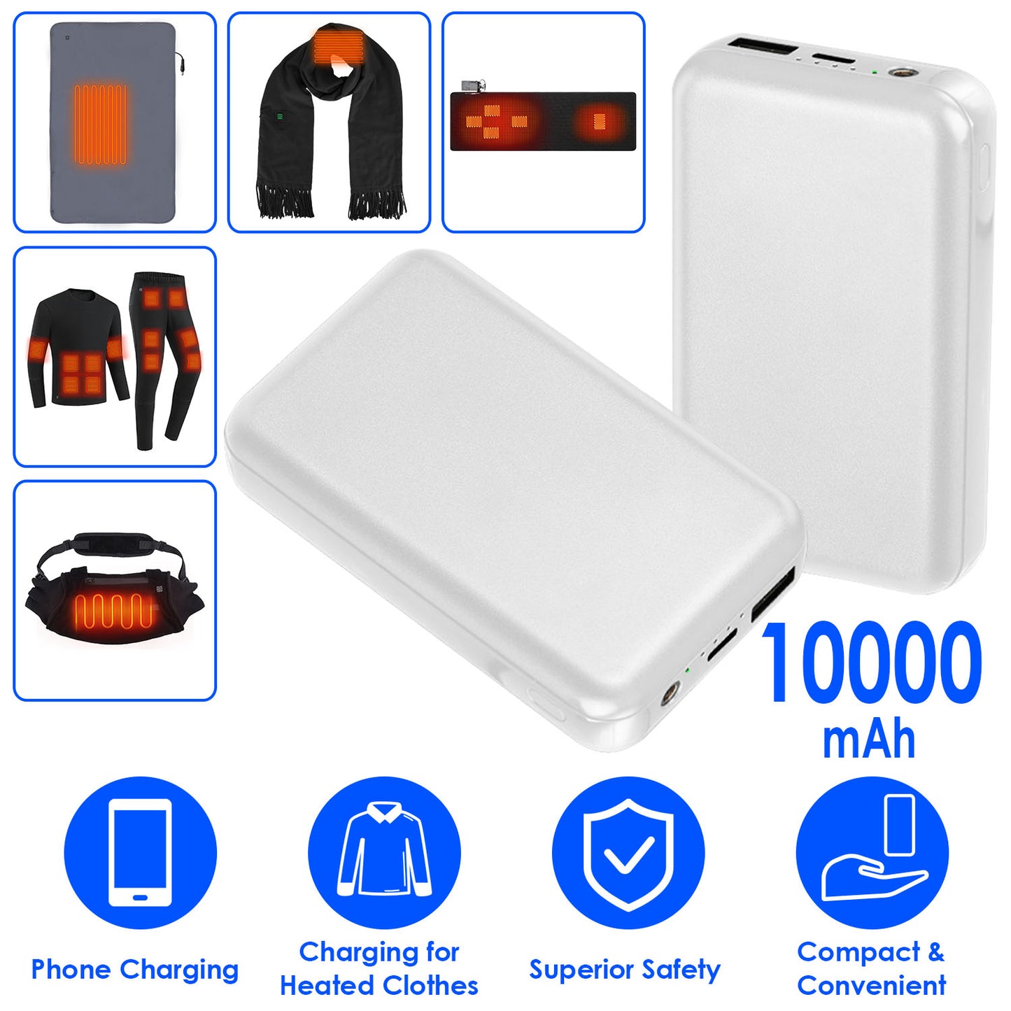 10000mAh Portable Charger Battery Pack for Heated Blanket Vest Jacket Power Bank with Type-C USB Cable Fit For IOSPhone 14 Android And More 5V/2A DC12