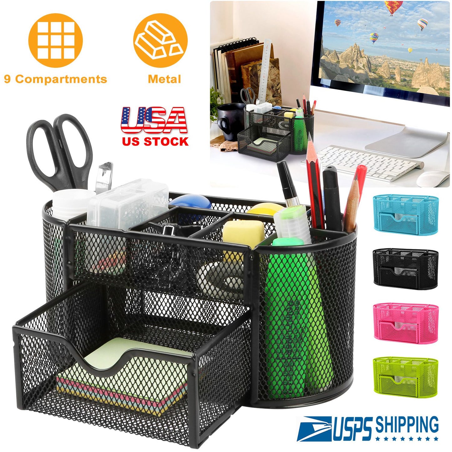 Metal Mesh Pencil Holders Desk Organizer w/9 Compartment Pen Holder Storage