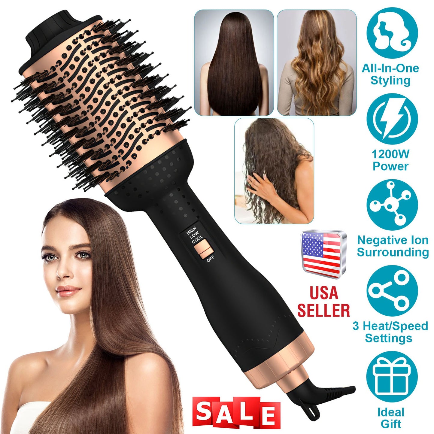 4 In 1 Hair Dryer Brush Curling Brush Hair Styler Volumizer Straightener Negative Ion Anti-frizz Hot-Air Hair Brush for All Hair Types Black White