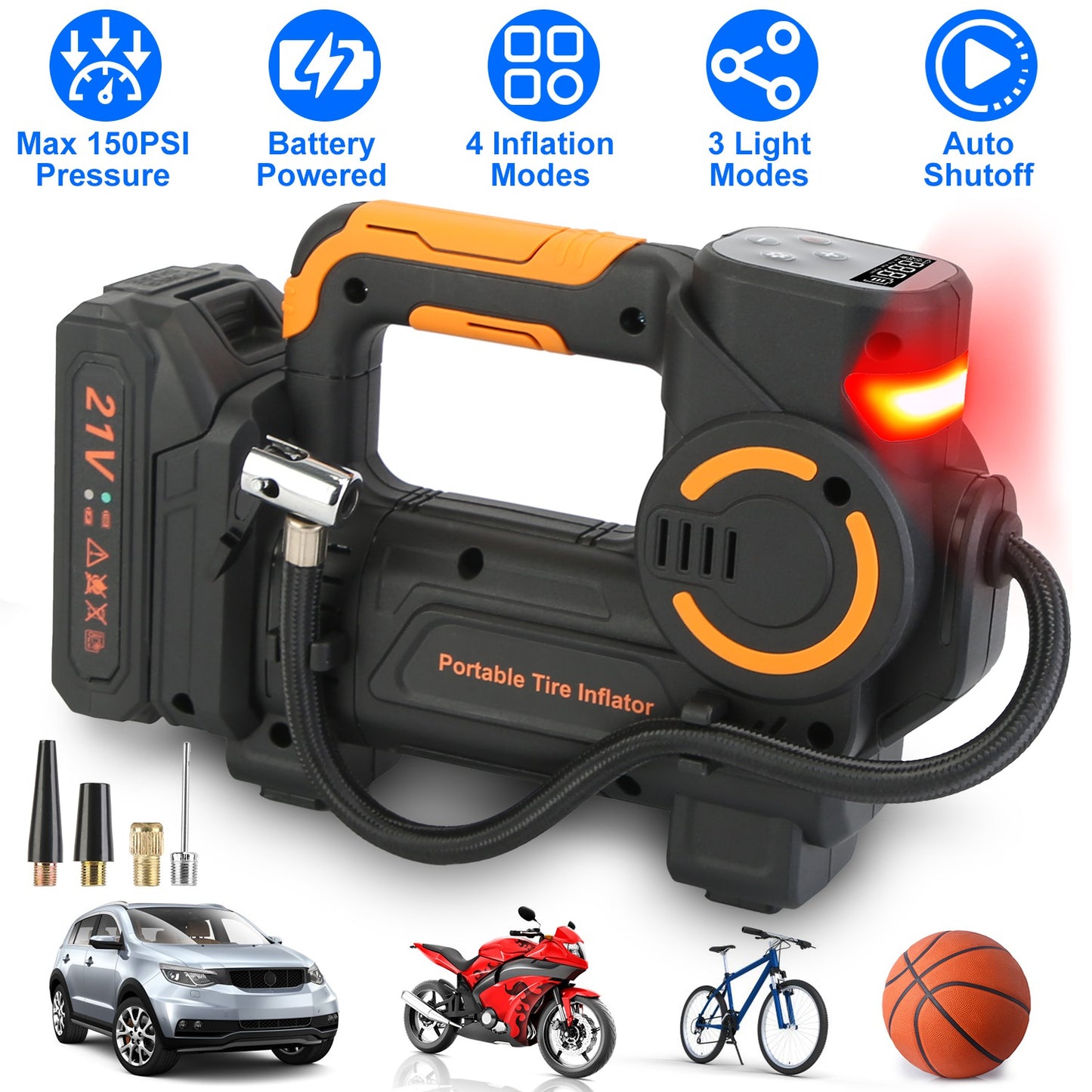140W 150PSI 21V Battery Powered Tire Inflator Cordless Air Pump Digital Air Compressor with LED Light for Cars Motorcycles Bicycles Balls