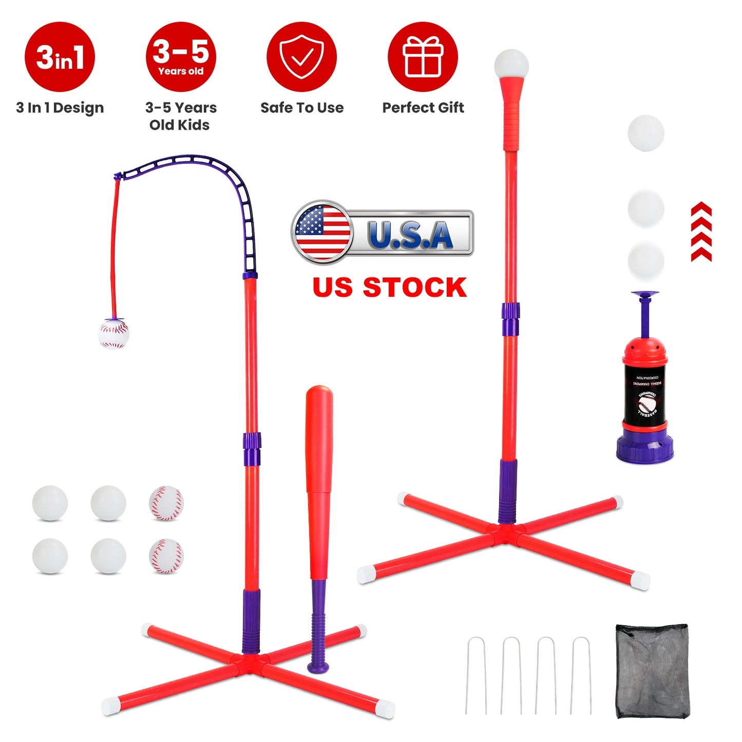 3-In-1 Baseball Toy Set For 3-5Years Old Kids And Toddlers Includes Tee Ball Stand Hanging Tee Automatic Ball Launcher with Adjustable Height For Indo