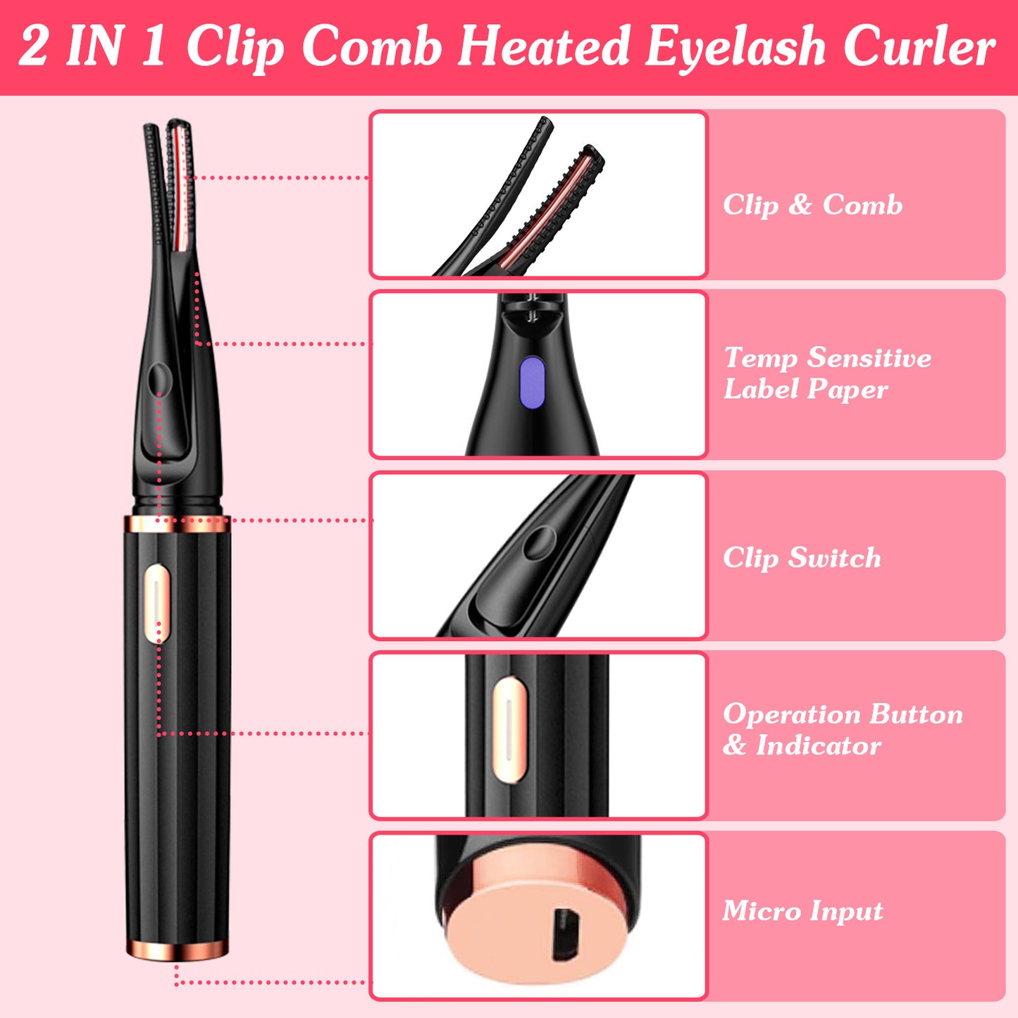 2 In 1 Clip Comb Heated Eyelash Curler Electric Mini Lash Curler Natural Eye Lash Makeup Tool with 3 Temp Settings 15Mins Shutdown