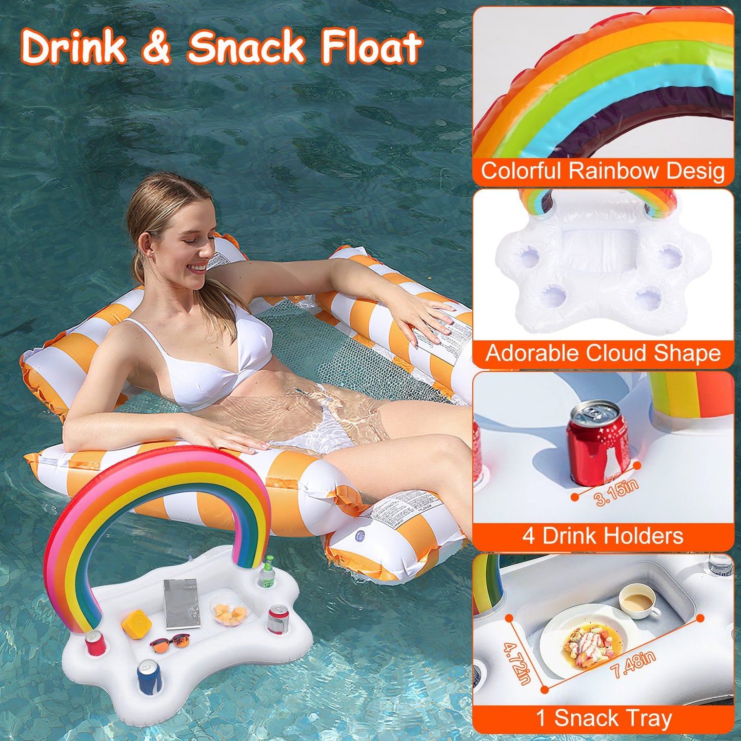 3 Pack Inflatable Pool Floats for Adult 1 Drink & Snack Float 2 Water Hammocks with High Buoyancy Pillows Cooling Mesh
