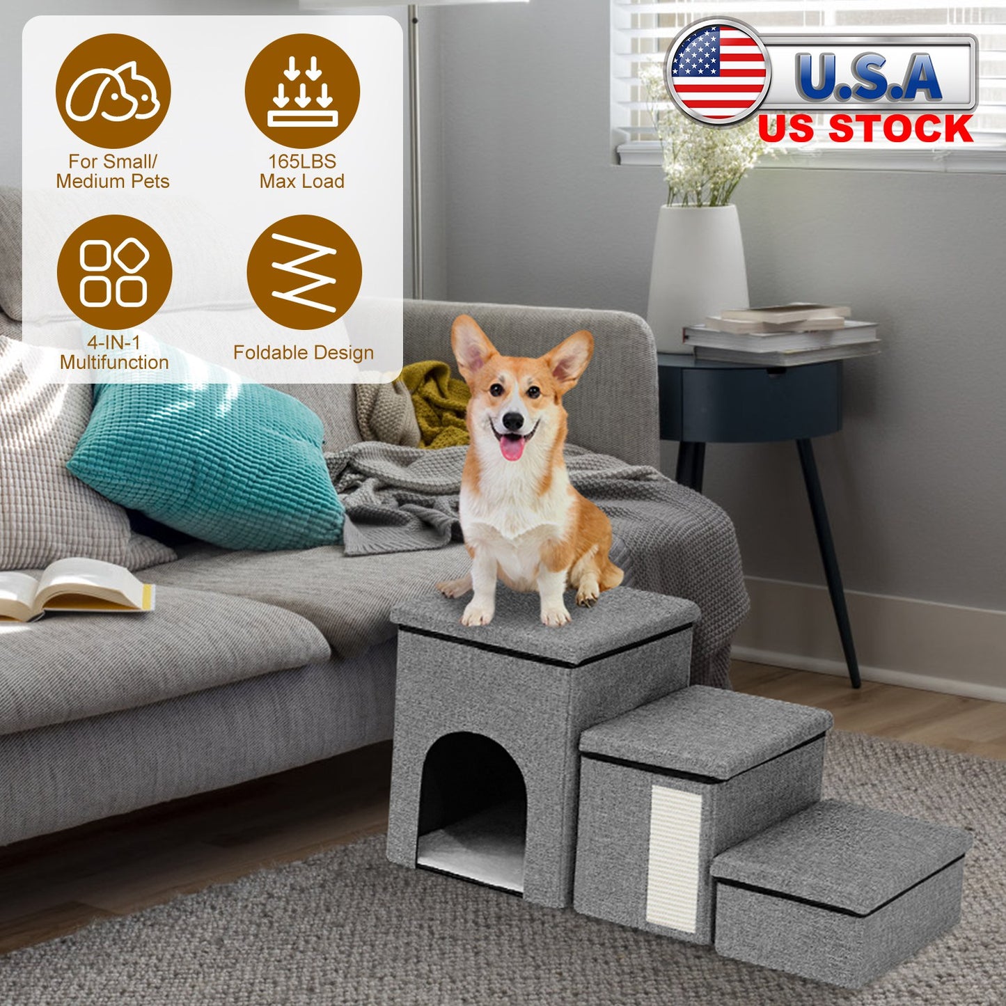 3 Step Pet Stair 4-IN-1 Foldable Dog Ramp Non-Slip Cat Storage Ladder with Scratcher Storage and Pet House for Old Pet Small/Medium Dog/Cat 165LBS Max