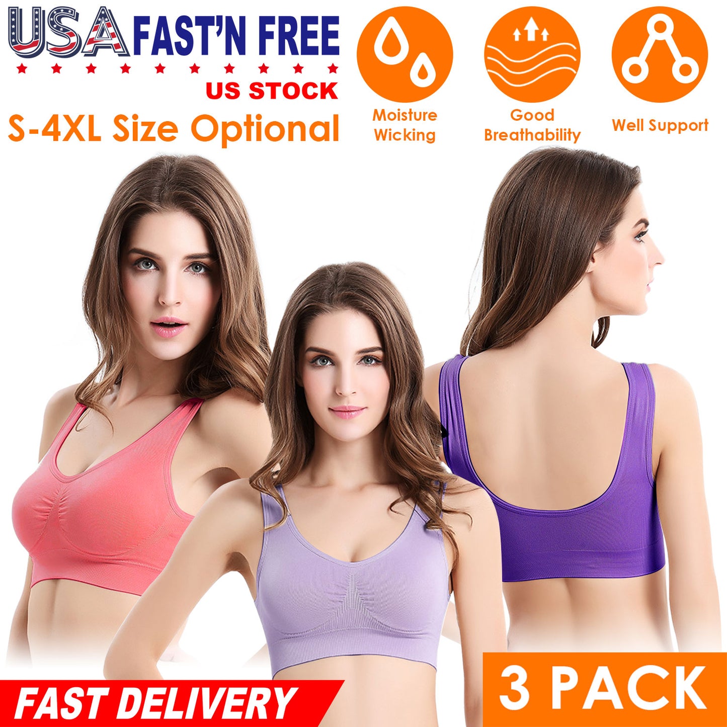 3 Pack Sport Bras For Women Seamless Wire-free Bra Light Support Tank Tops For Fitness Workout Sports Yoga Sleep Wearing