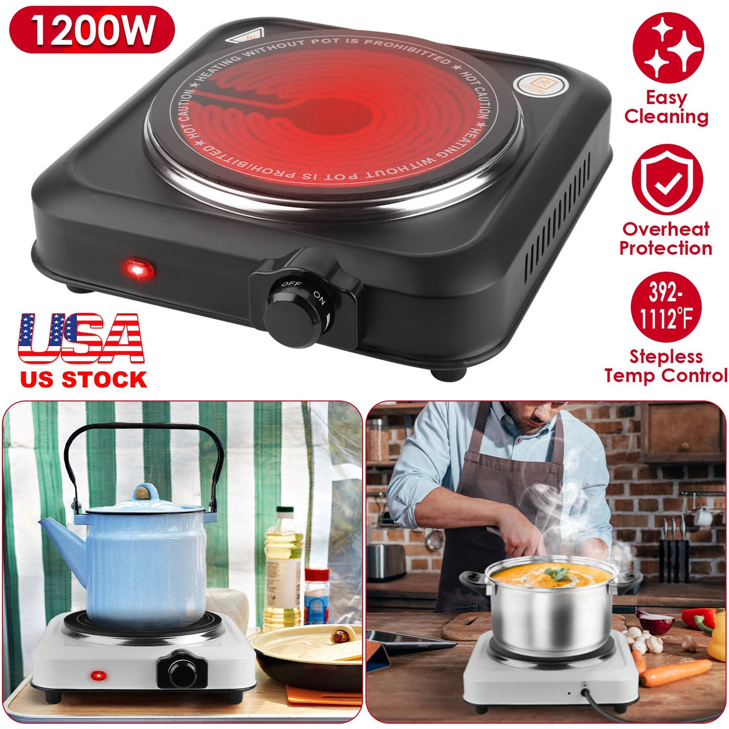 1200W Electric Infrared Single Burner Portable Heating Hot Plate Stove Countertop RV Hotplate with 7.5Ó Glass Cooktop Stepless Temperature Adjustments
