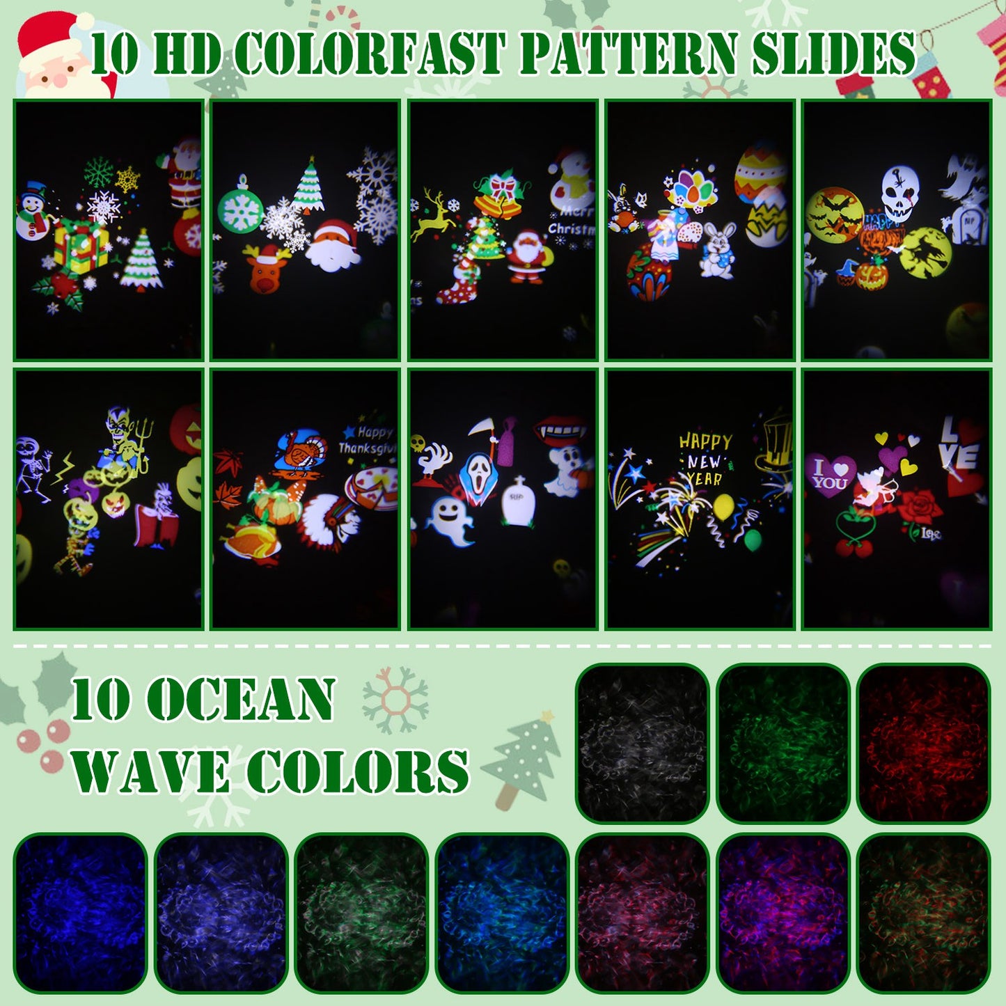 2 In 1 Holiday Projector Light Projection Lamp Indoor Outdoor with 10-Color Ocean Wave 10 HD Slides 3 Bases Remote Control for New Year Valentine\'s D