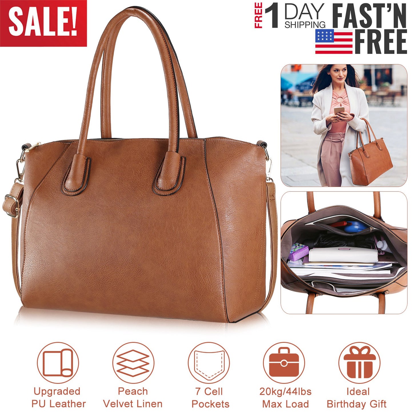 WomenÕs Soft Leather Handbag Tote Bags Large Shoulder Crossbody Bag 7 Cells Zipper Purse Handle Bag Phone Book Cosmetic Case for Office Lady Student