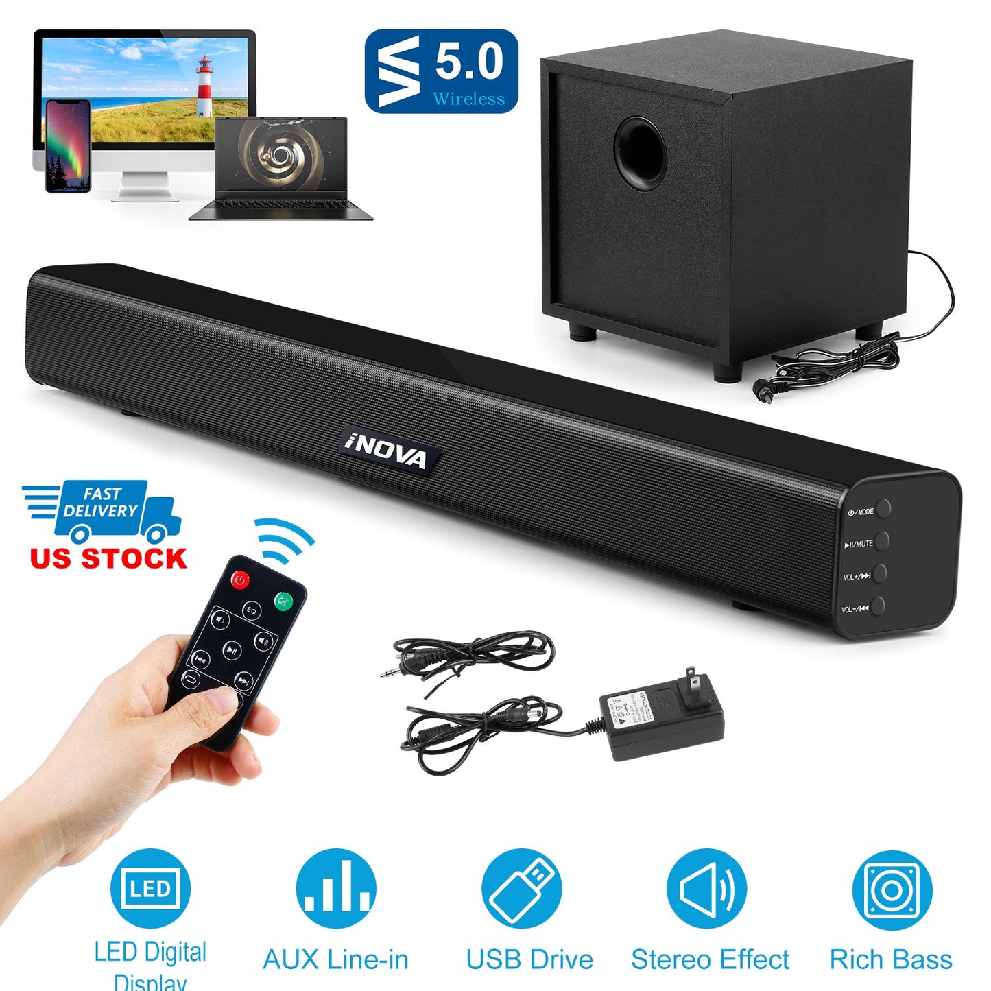 Wireless Soundbar with Subwoofer 2.1CH Audio Speaker For TV Aux USB Reading Soundbar Subwoofer Surround Sound Speaker System Home Theater