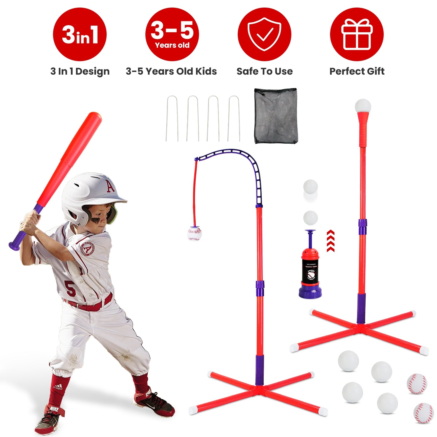 3-In-1 Baseball Toy Set For 3-5Years Old Kids And Toddlers Includes Tee Ball Stand Hanging Tee Automatic Ball Launcher with Adjustable Height For Indo