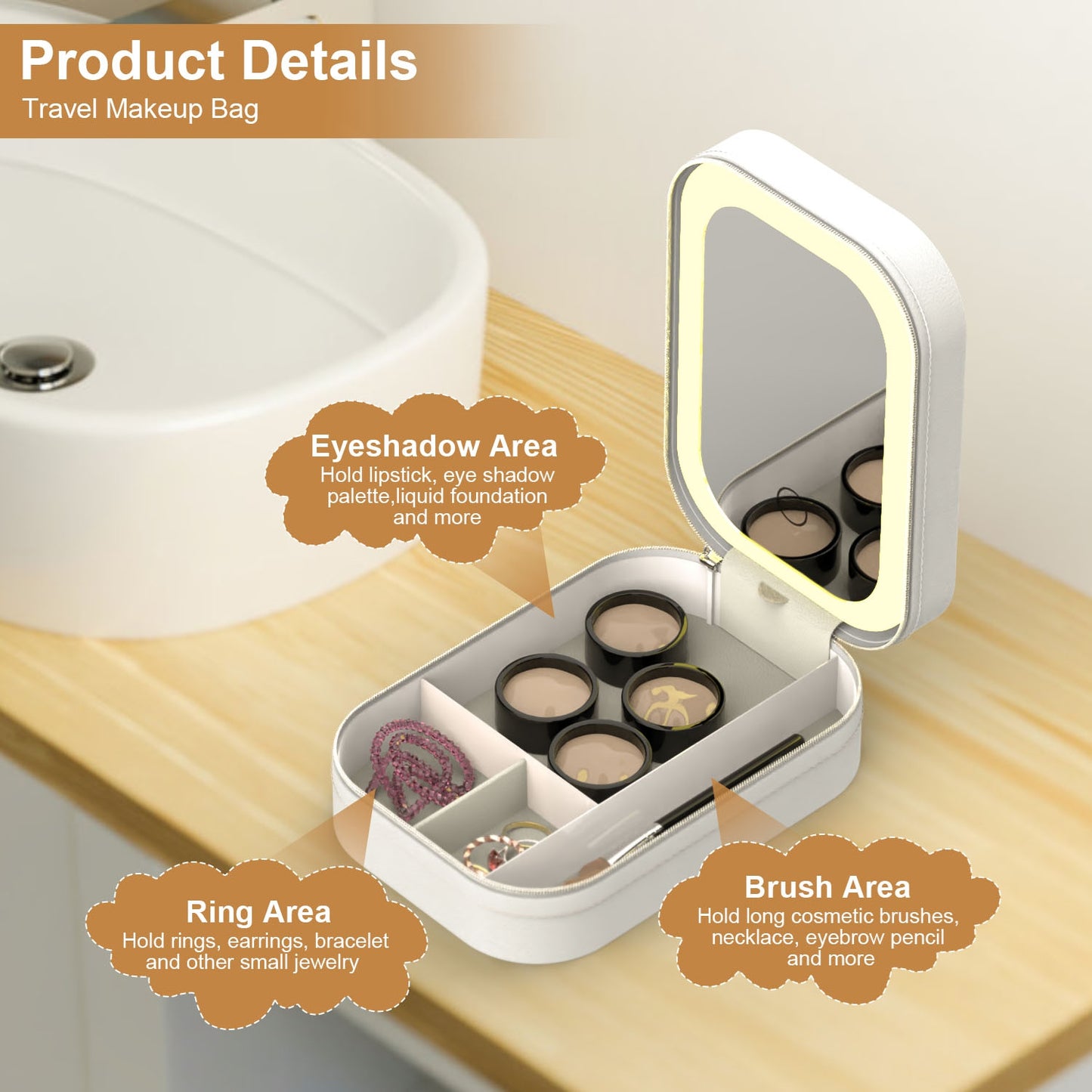 Portable Travel Makeup Bag With LED Mirror Rechargeable Beauty Mirror With 3 Color Light Dimmable Brightness Waterproof Cosmetic Bag With 4 Compartmen