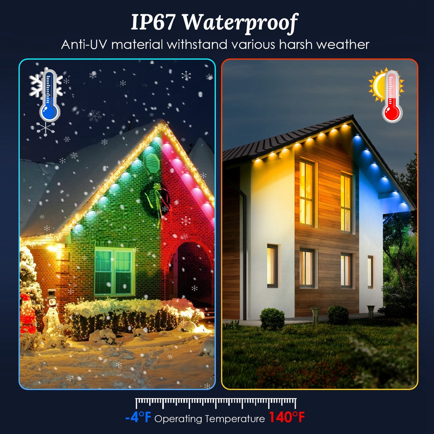 101FT Length Permanent Outdoor Lights With 72Pcs RGB Beads IP67 Waterproof Smart Eave Light For Halloween Christmas Daily House Lighting Works with Al