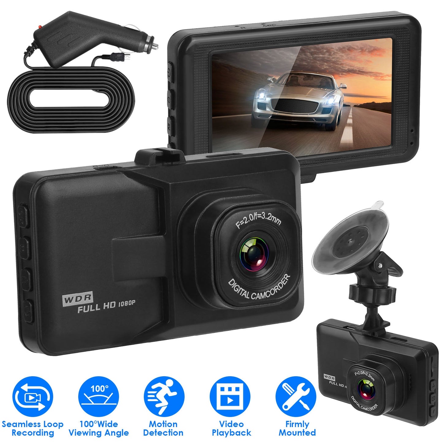 1080P Car DVR 3in Camera Dash Cam Camcorder Camera Recorder with 100¡ Angle Loop Recording Motion Detection