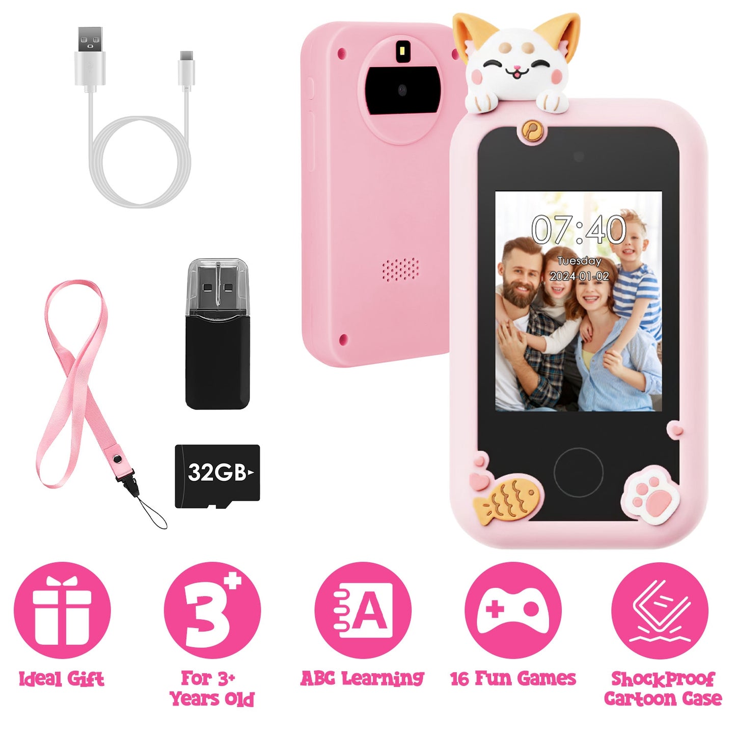 Kids Toy Smartphone Dual Camera Phone Touchscreen Learning Toy with Shockproof Cartoon Case Torch 16 Games ABC Learning for Boys Girls Aged 3+