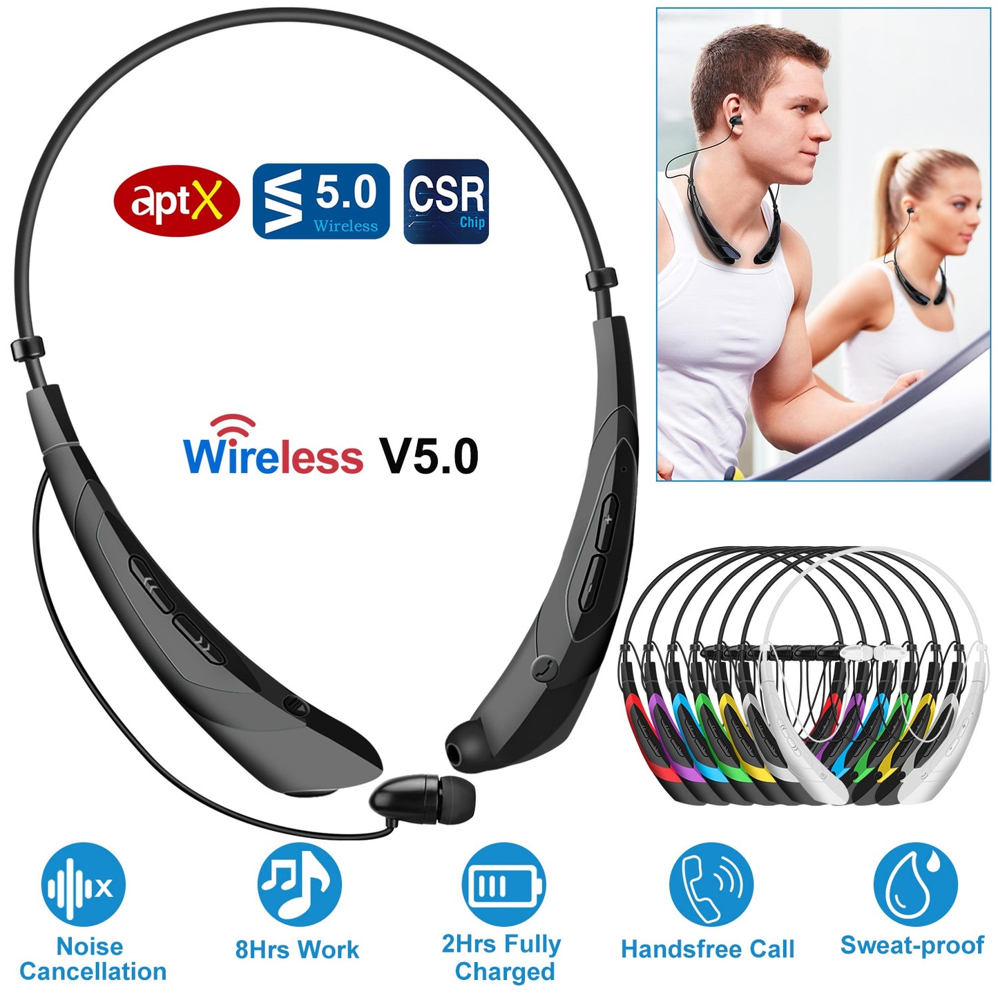 Wireless Neckband Headphones V5.0 Sweat-proof Sport Headsets Earbuds In-Ear Magnetic Neckbands Stereo Earphone Deep Bass Earphone w/Mic