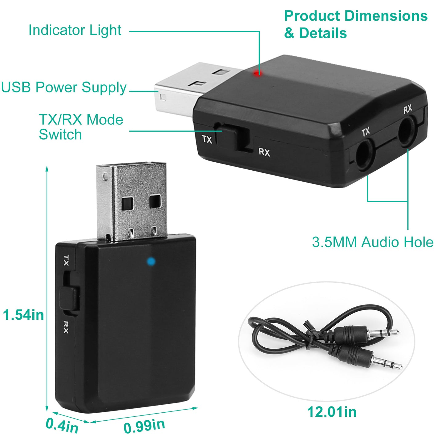 3 IN 1 Wireless V5.0 USB Audio Transmitter Receiver EDR Adapter Music Streaming For TV PC Headphones Car w/ 3.5mm Cable