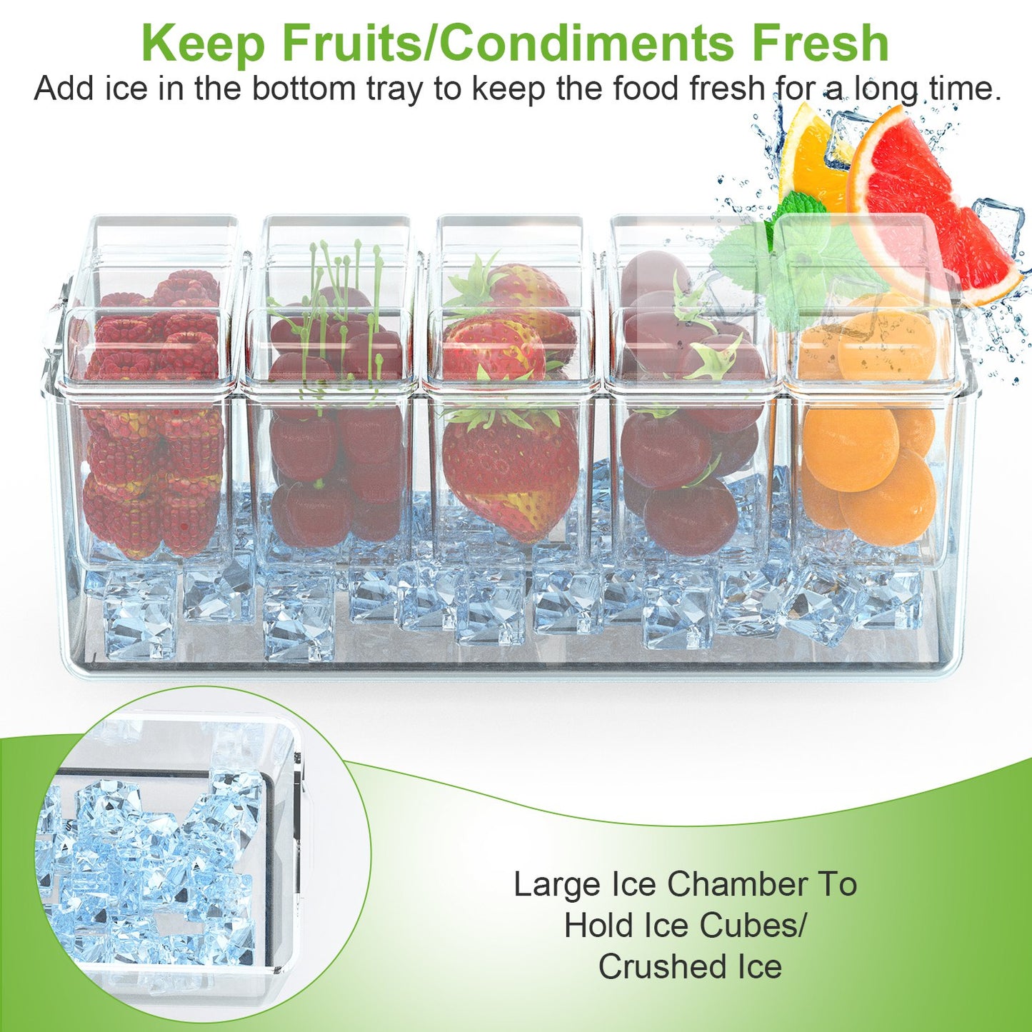 Ice Chilled Condiment Caddy Serving Tray Container Bar Garnish Holder Salad Platter Server Food Storage with 5 Removable Containers 5 Lids 2 Tongs 5 S