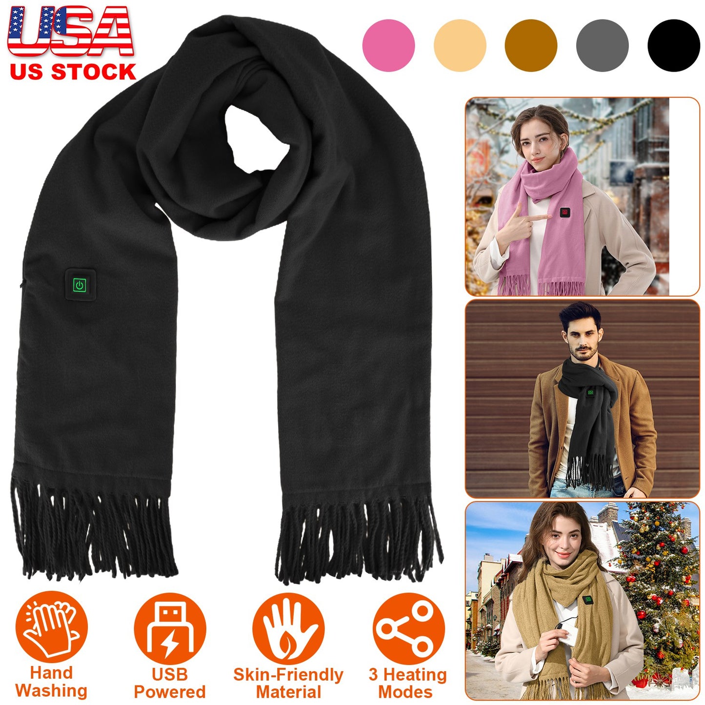 Electric Heated Winter Scarf USB Heating Neck Wrap Unisex Heated Neck Shawl Soft Warm Scarves 3 Heating Modes for Outdoor Cycling Skiing Skating
