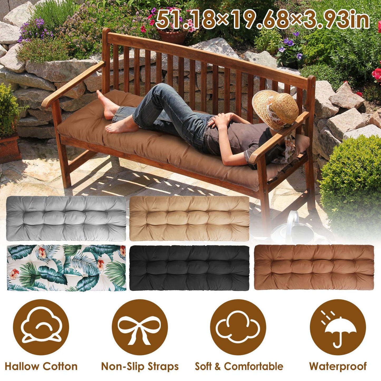 Bench Seat Cushion For Indoor Outdoor Furniture Non Slip Long Chair Cushion with Ties Strap Waterproof Swing Cushion 51.18x19.68IN For Garden Patio Ba