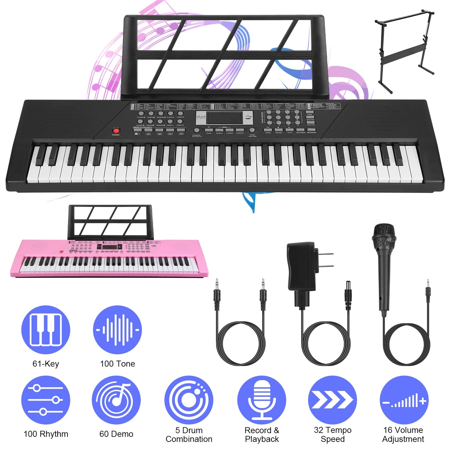 61 Keys Digital Music Keyboard Electric Piano Electronic Musical Instrument Kids Learning Keyboard with Microphone Stand for 3-12 Year Old Kids Girls