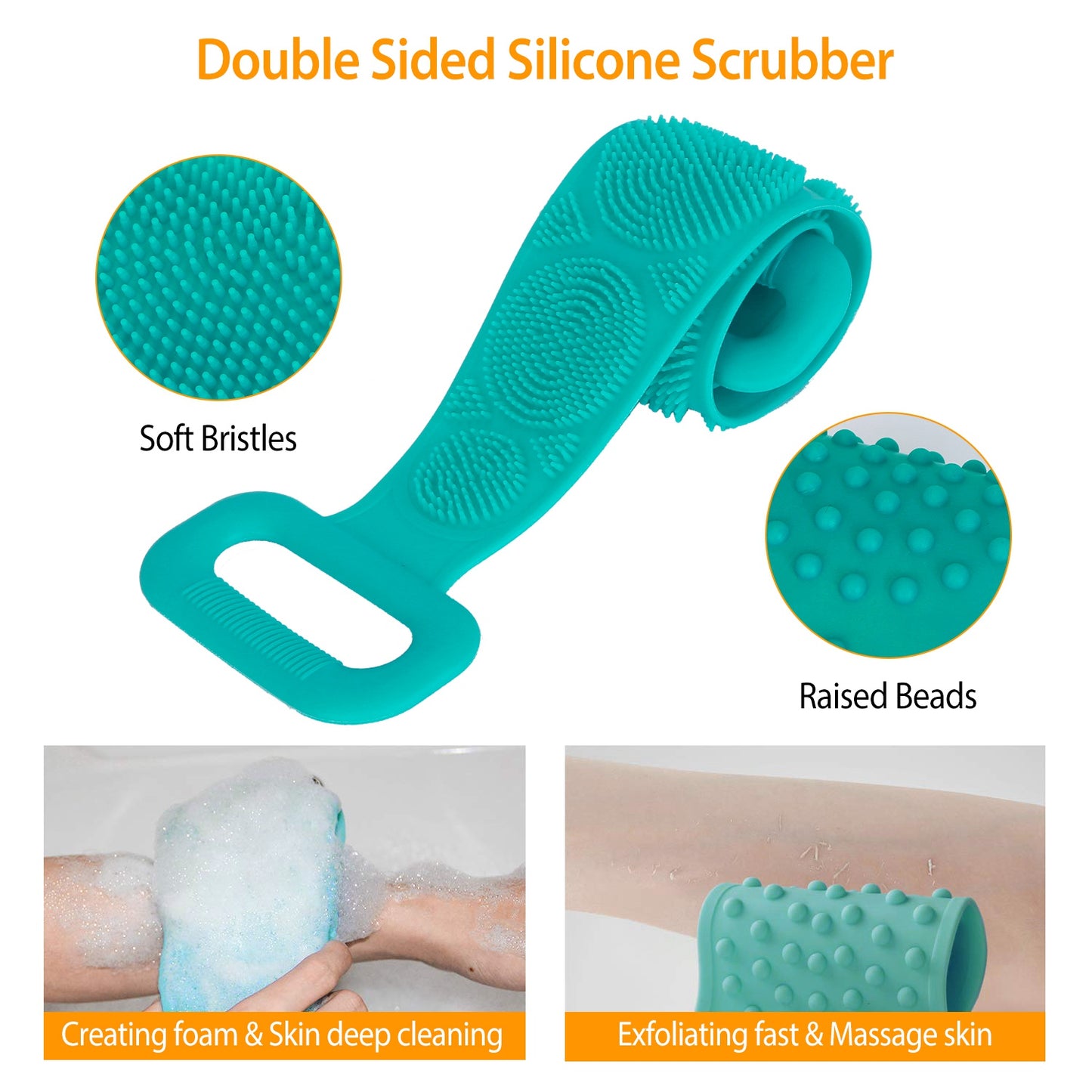 Silicone Back Scrubber Belt For Shower Exfoliating Foaming Body Wash Strap Brush Bristles Massage Dots W/ Adhesive Hook