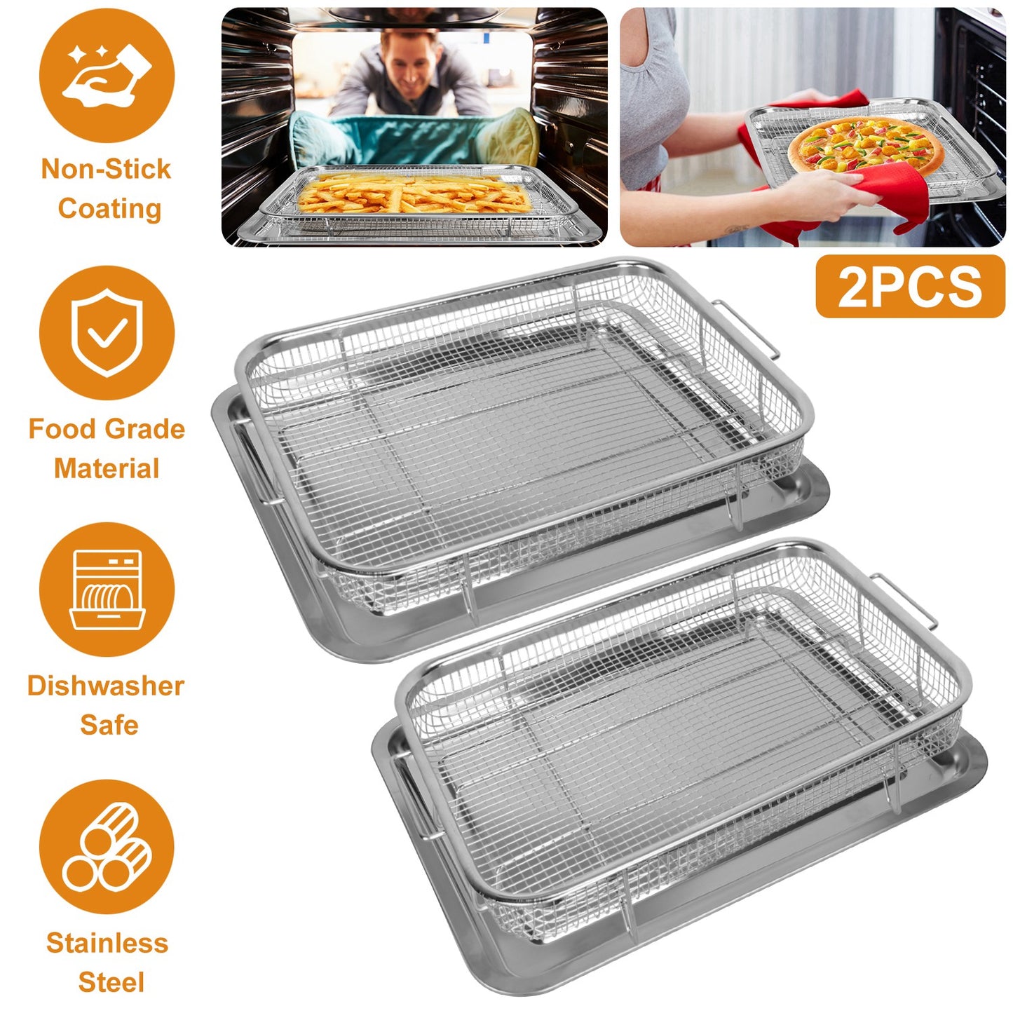 2Pcs Air Fryer Basket Tray 15.35x11.61in Stainless Steel Rustproof Non-Stick Oven Pan and Tray For Bake Grill Crispy Food Dishwasher Safe