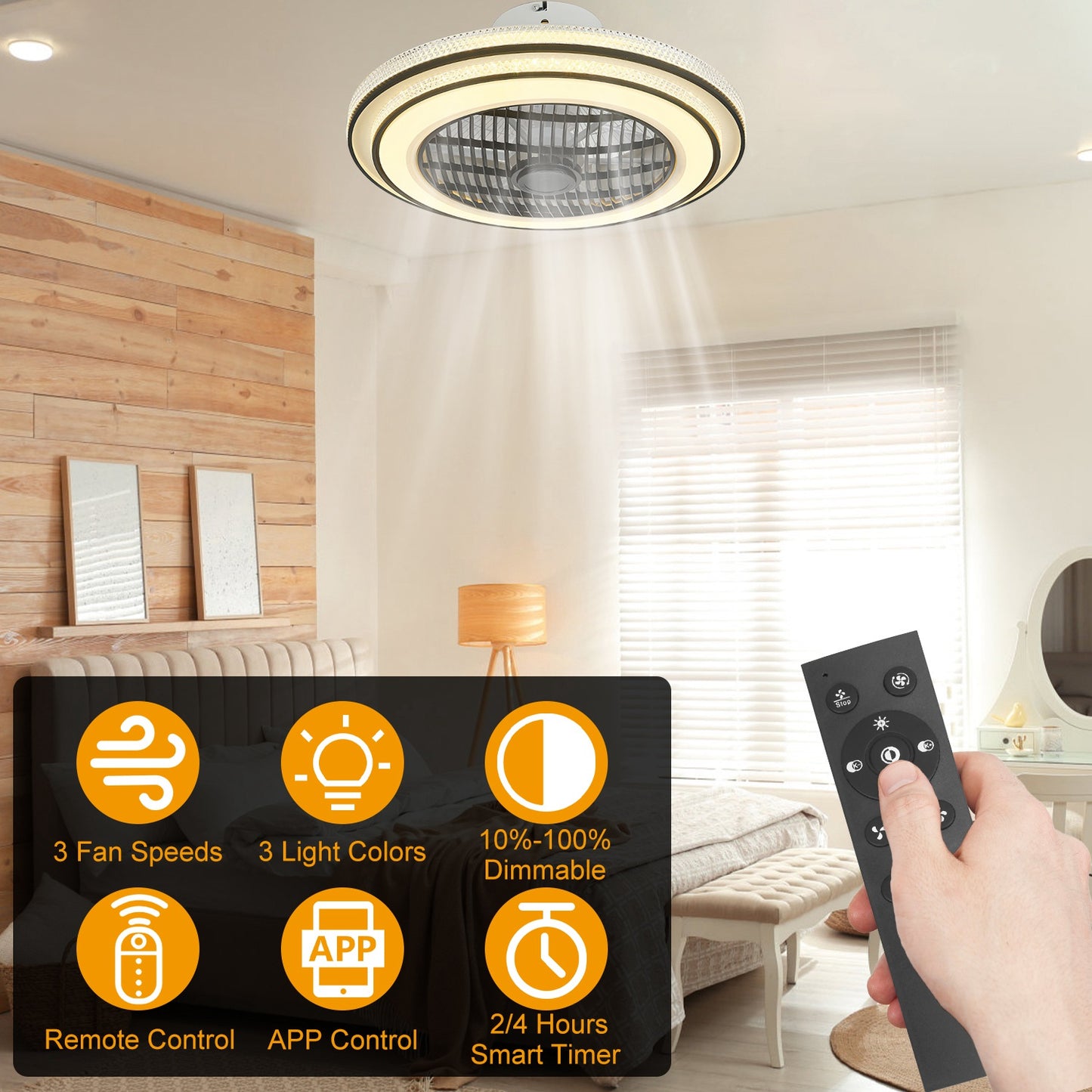 20.5in Ceiling Fan with Light RoundÊPendant Fan Lamp 30W LED Ceiling Fan with 3-Fan Speed Remote Control Timer APP Control