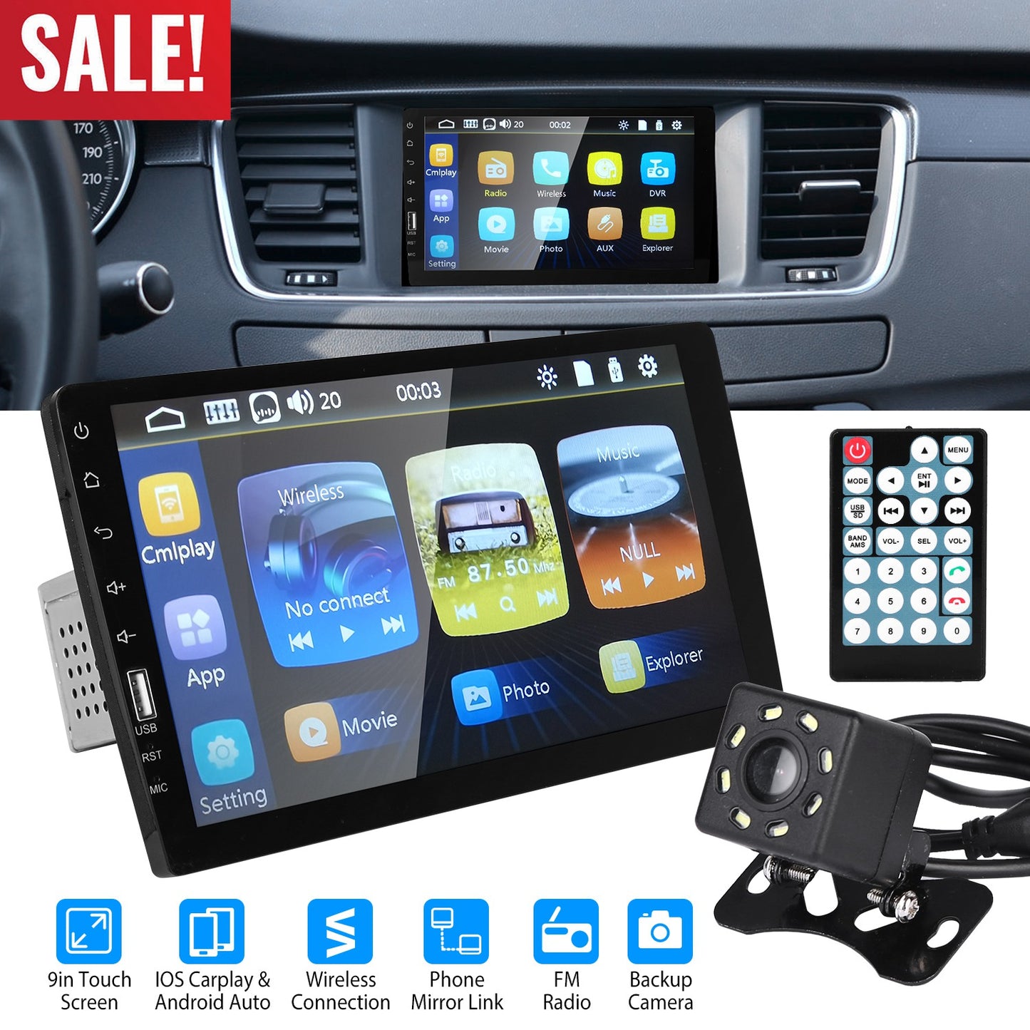 9in Car MP5 Stereo Player Touch Screen 1080P Wireless Car Radio FM USB AUX Back up Camera Mirror Link Remote Control