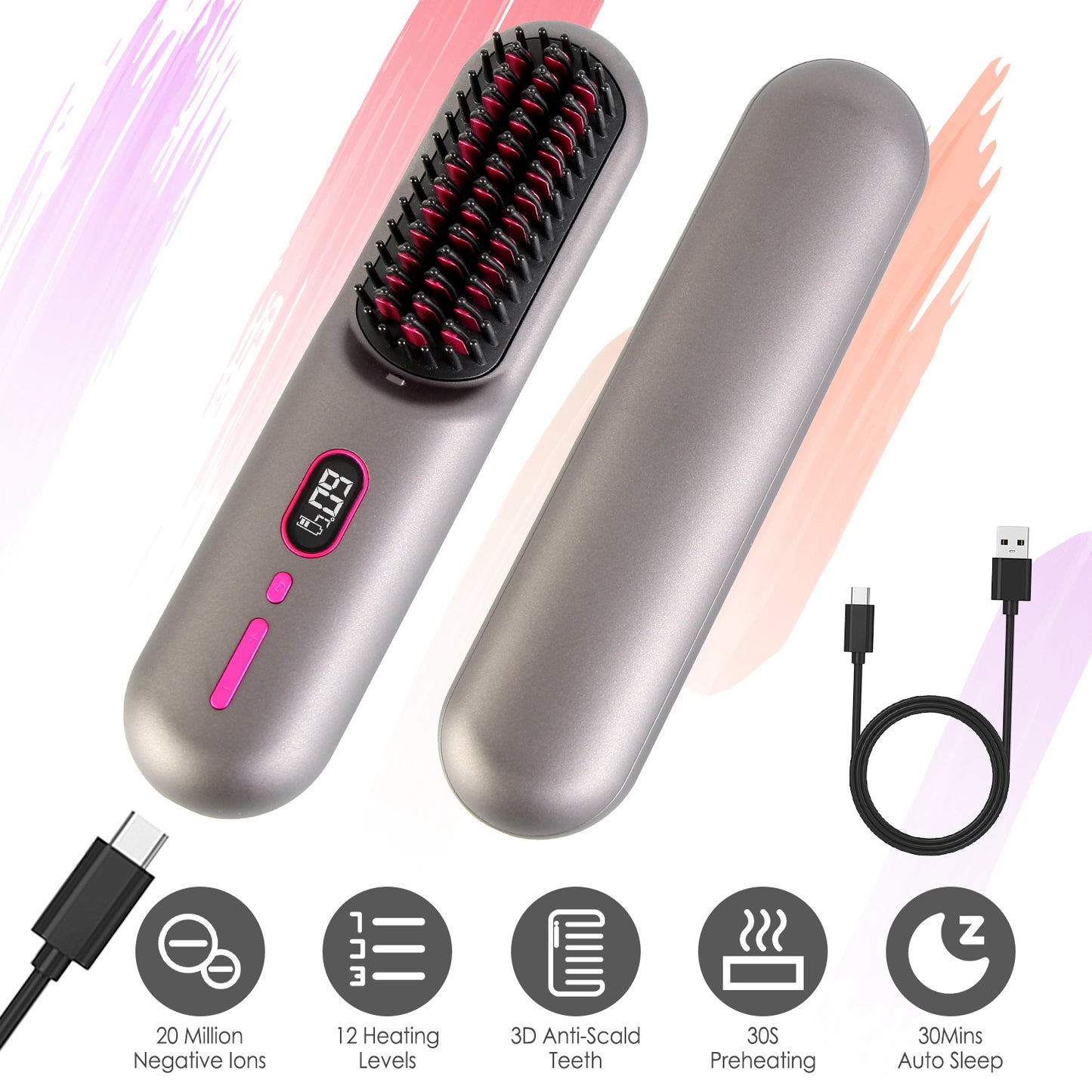 Cordless Negative Ion Hair Straightener Brush Rechargeable Mini Styling Comb with 12 Heating Levels Anti-scald 30S Preheating 30Mins Auto Sleep LCD Di