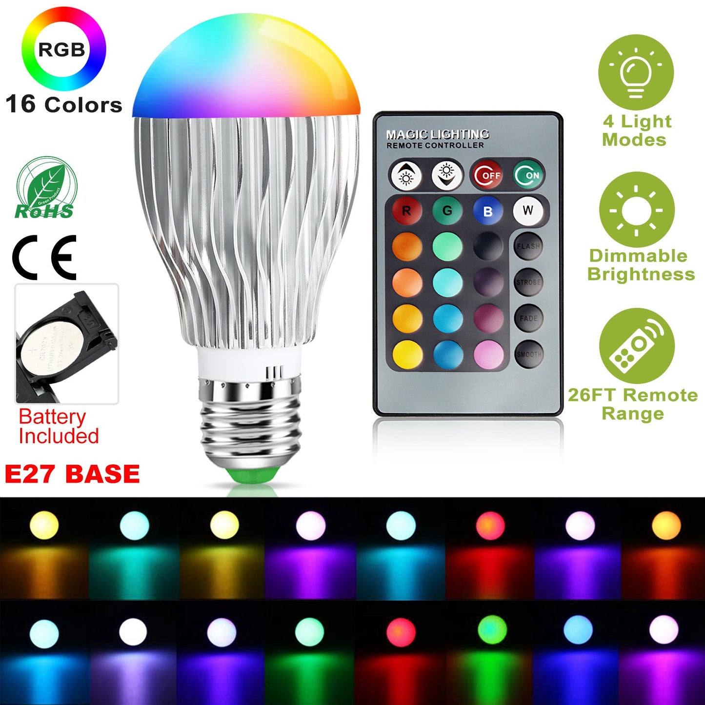 9W LED Light Bulb E27 RGB Lamp Bulb 16 Colors Changable 24-key IR Remote Control for Decor Mood Lighting