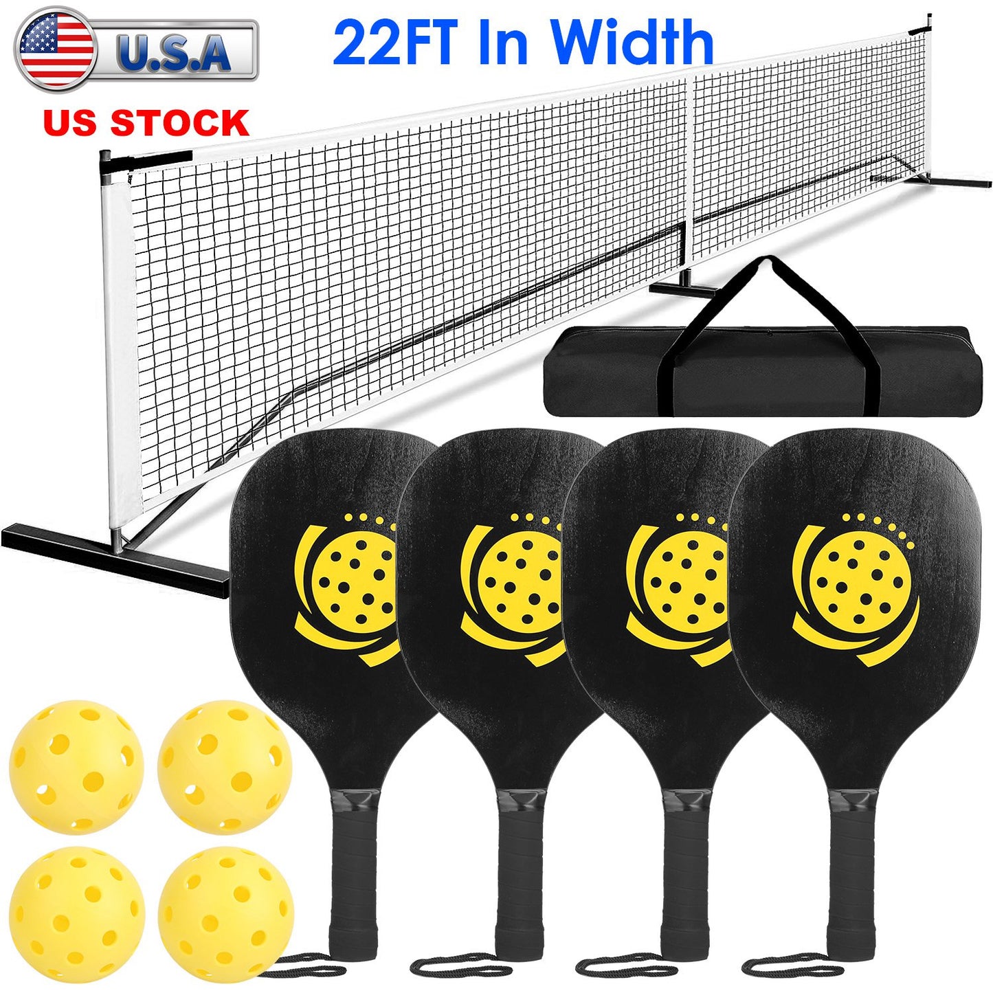 Portable Pickleball Net Set 22ft Regulation Size Net Pickle Ball Net System with 4 Pickleballs 4 Paddles Carrying Bag for Driveway Backyard