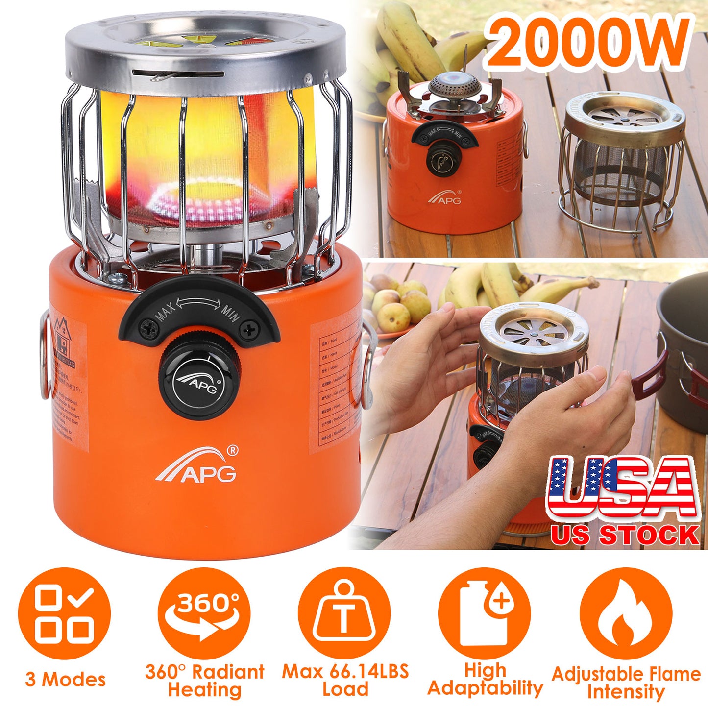 2000W 2 In 1 Camping Stove Tent Heater Outdoor Gas Stove Portable Backpacking Stove with 3 Modes 360¡ Radiant Heating for Camping Hiking Picnic BBQ