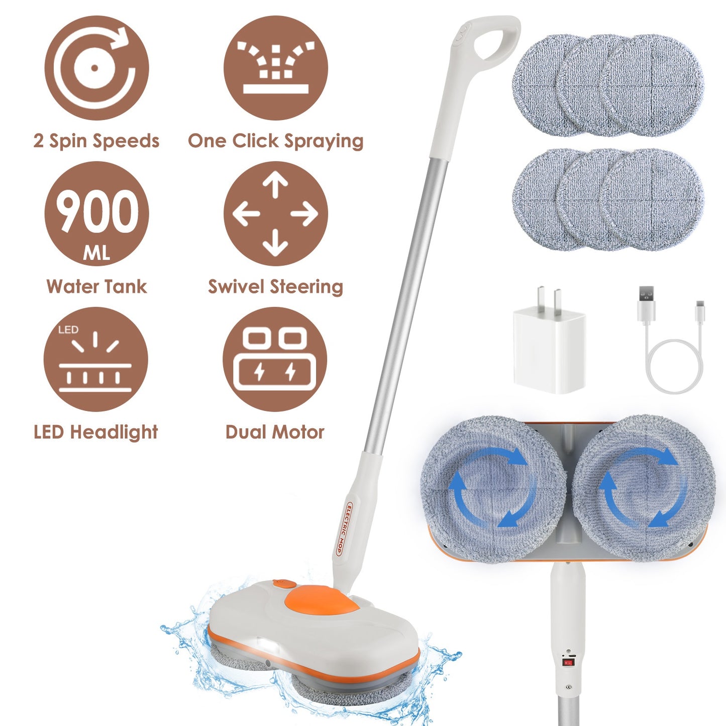 Dual Motor Cordless Spin Mop Self-Propelled Floor Cleaner with 6 Microfiber Pads 2 Speeds 900ML Water Tank One Click Spraying Headlight for Multiple F