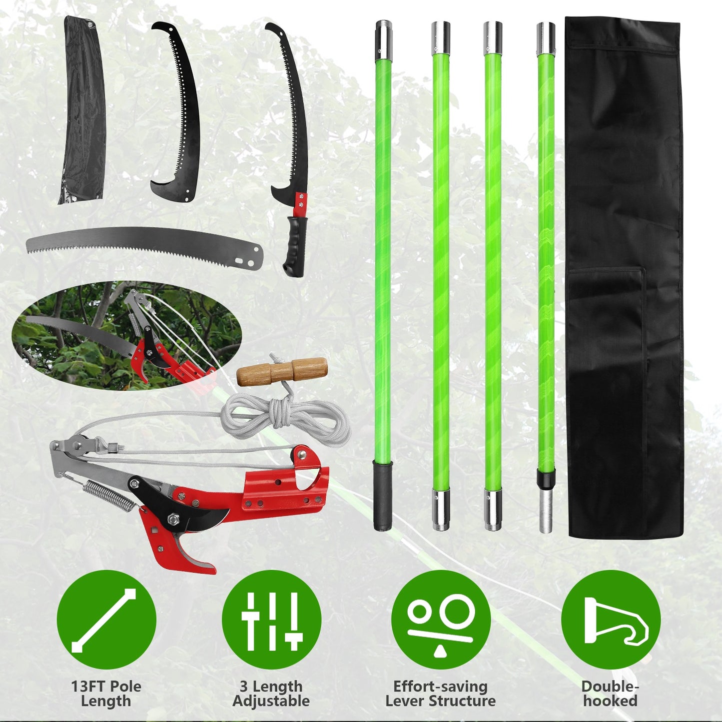 2 In 1 Extra Long Manual Pole Saw 8.23-15.12FT Extendable Tree Pruner for High Branches with Pruner Scissors 2 Double-hooked Saw Blades Goggles Gloves
