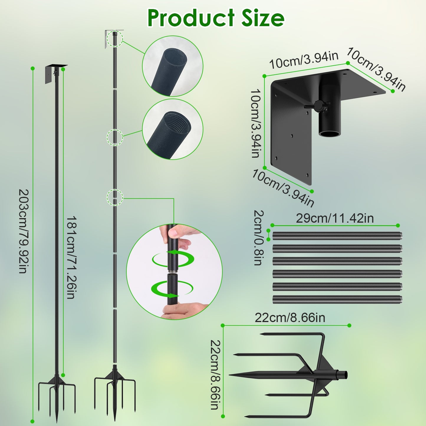 79.92in Bird House Pole Kit Height Adjustable Bird Feeder PoleÊMount Kit Heavy Duty Bird House Pole Set with 5 Prongs Base for Bird House Bird Feeder