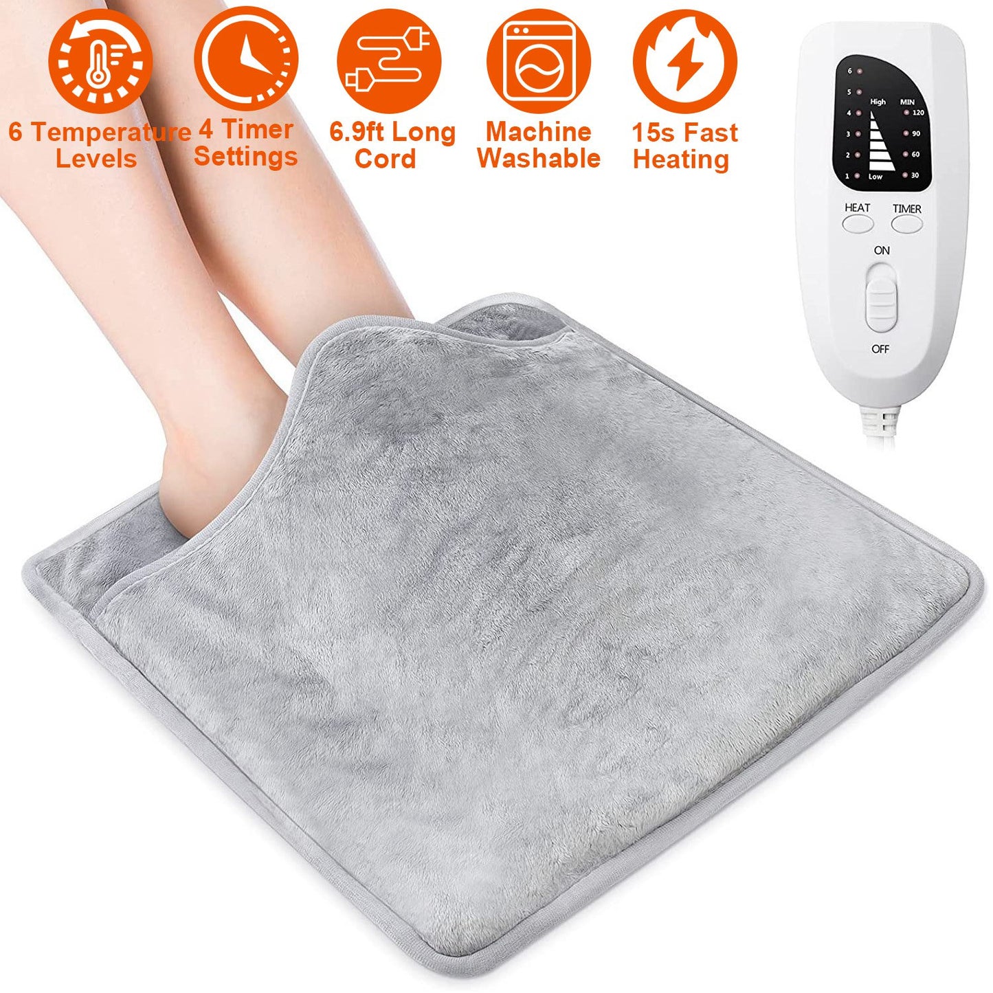 Electric Foot Warmer Heater Fast Heating Pad Cushion Mat Machine Washable with 6 Temperature Settings 4 Timer Modes